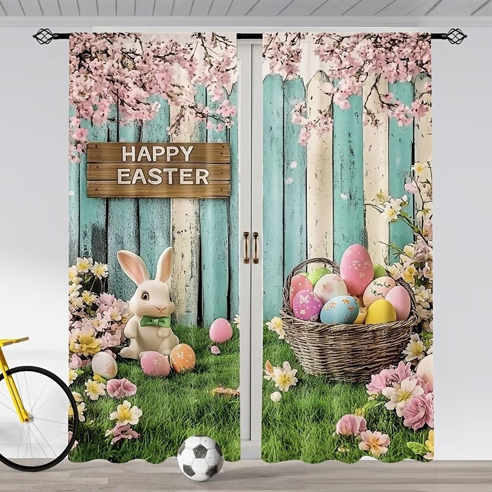 2-piece set of spring Easter pastoral rabbit Easter egg curtains, living room and bedroom decorative curtains, semi transparent polyester fabric, preferred for children's room curtains, year-round home decoration