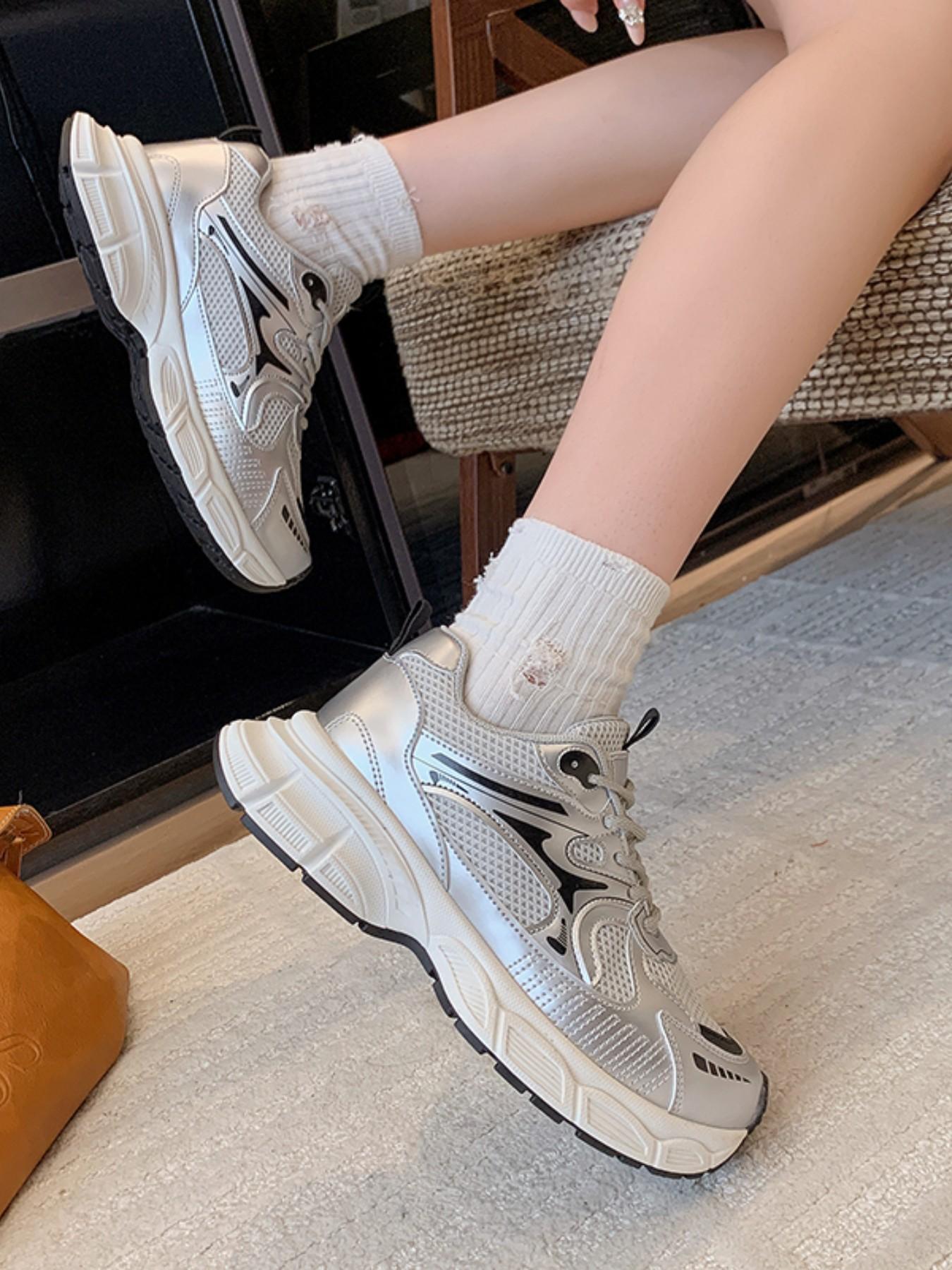 Women's Silver Patchwork Sneakers, Thick Sole Dad Shoes, Casual Round Toe, Medium Width, All Seasons, Multiple Colors Available