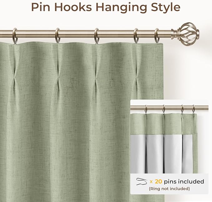 INOVADAY Pinch Pleated Curtains, 2 Panels Full Blackout Curtains, Linen Pleated Blackout Drapes For Bedroom, Thermal Black Out Pinch Pleat Drapes with Hooks