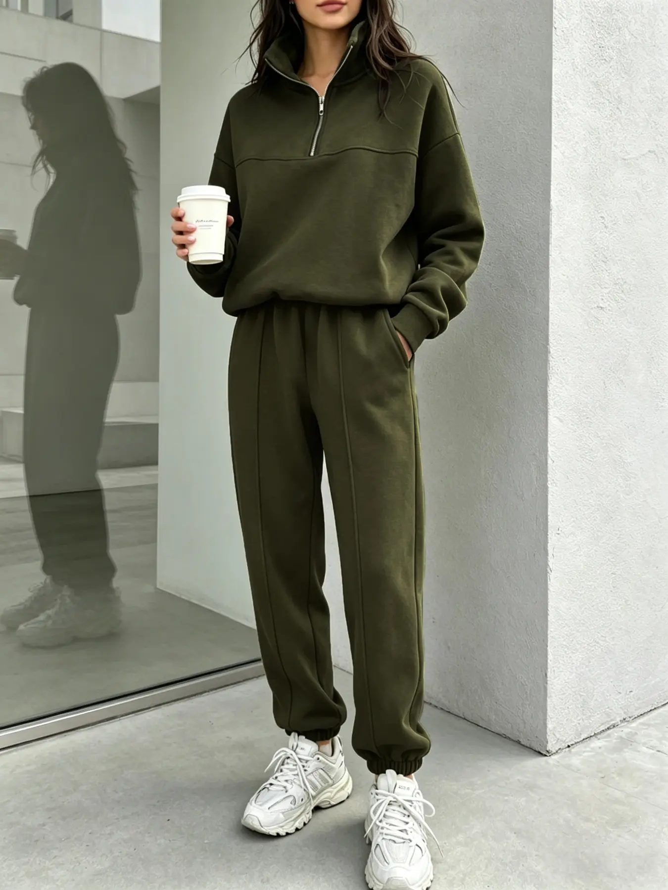 Women's Two-Piece Set, Fall Winter Long Sleeve Half-Zip Sweatshirt and Pants, Casual Daily Wear, Outdoor Sports, Commute