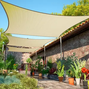 12' x 16' Beige Sun Shade Sail Rectangle Canopy Fabric Cloth Screen, Water and Air Permeable & UV Resistant, Heavy Duty, Carport Patio Outdoor - (We Customize Size)