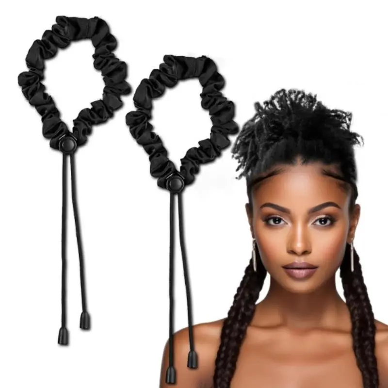 Women's 2-Pack Adjustable 13.77 Inches Synthetic Satin Scrunchies - Frizz-Avoiding, Softer Than Silk, Ideal for Thick Curly Natural Hair, Afro Puff Hairbands & Scrunchies, Hair Style Accessory (Black)