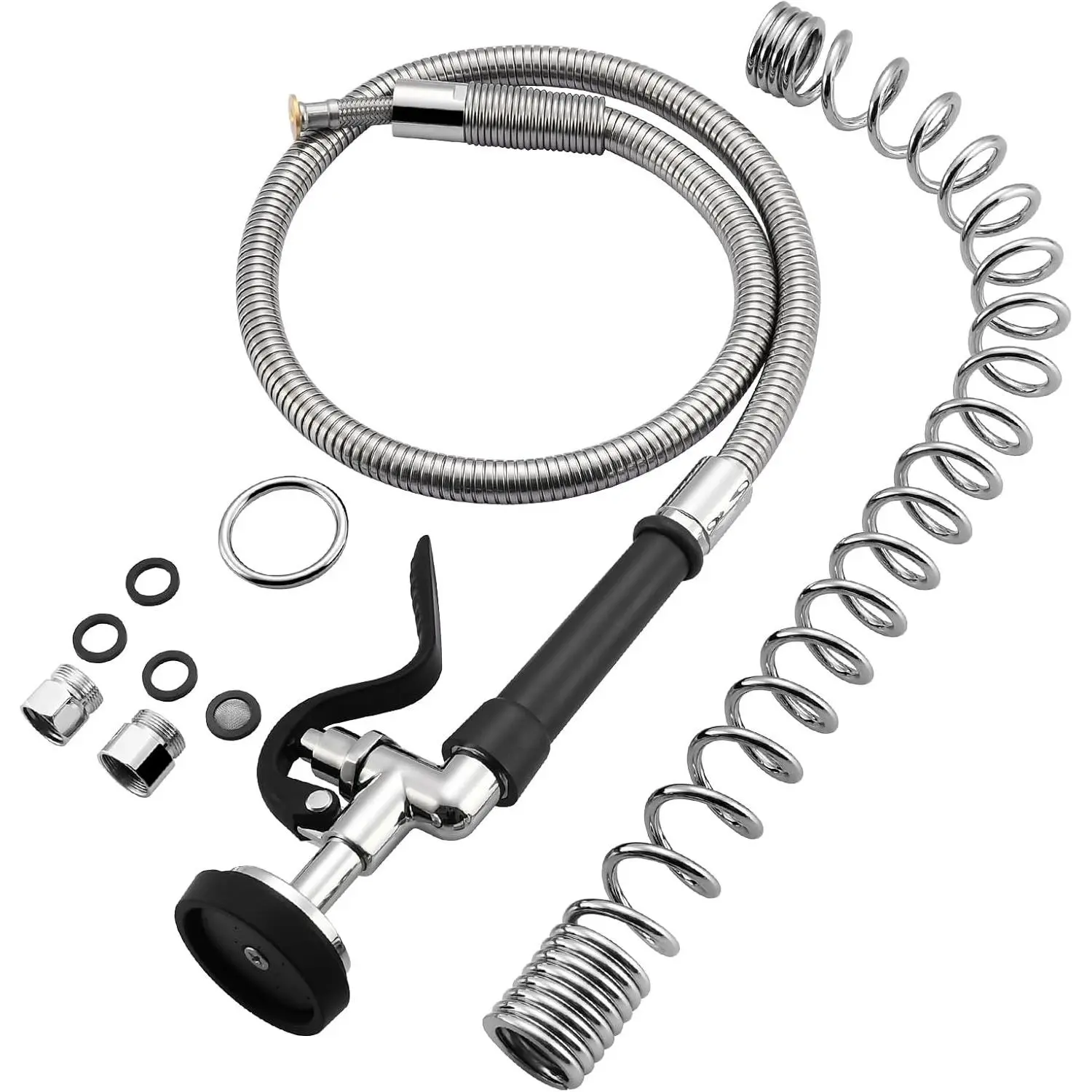 Commercial Sink Sprayer with 45” Flexible Stainless Steel Pre Rinse Hose & Overhead Spring Replacement Kit for Commercial Kitchen Sink Faucets