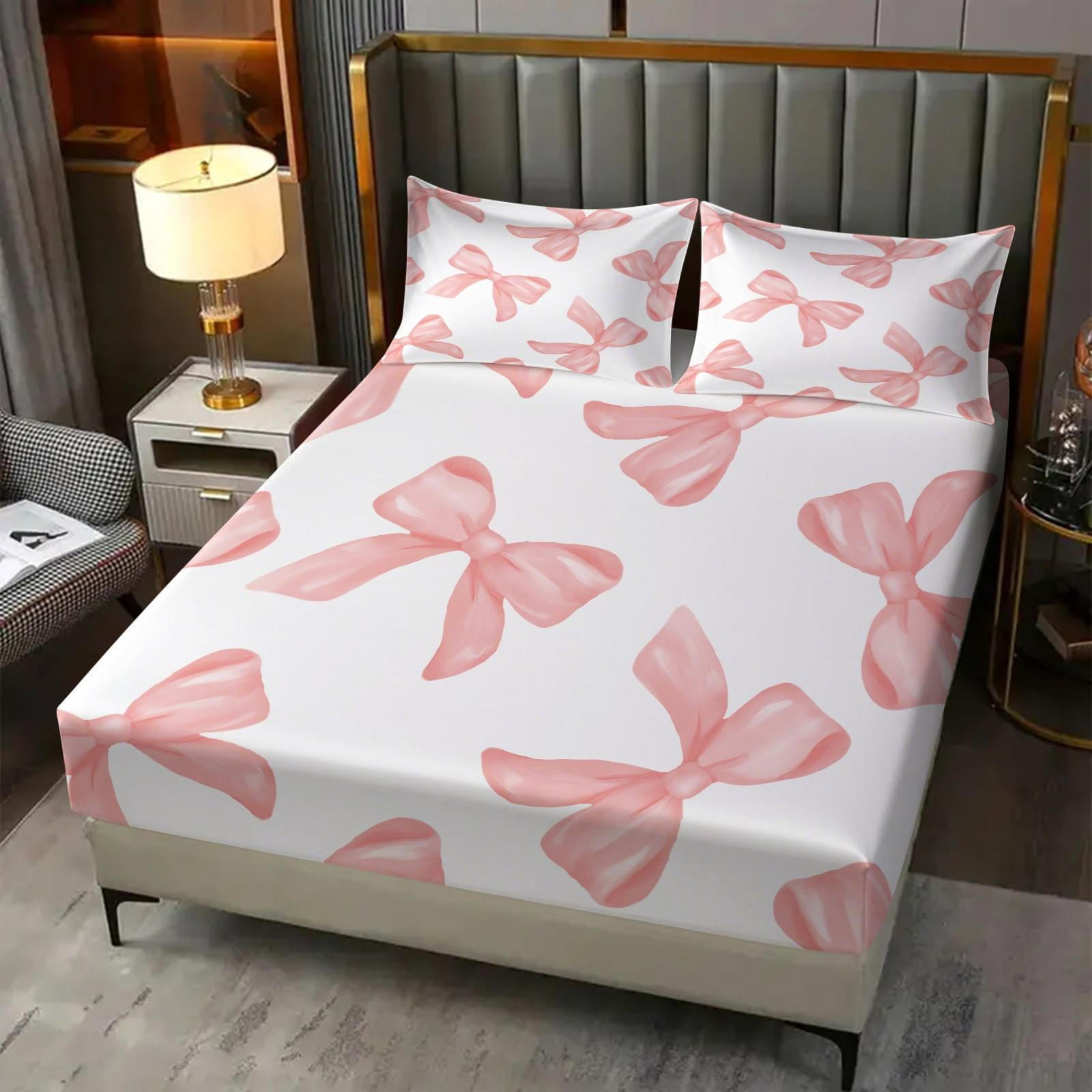 Y2K Watercolor Nude Pink Bow Microfiber Fitted Sheet Set, Soft Comfy Bedding, Includes 1 Fitted Sheet & 2 Coreless Pillowcases, Soft, Breathable Fabric, Deep Pocket Anti-Slip All Season Bedding Set, Princess Style Bedroom Decor
