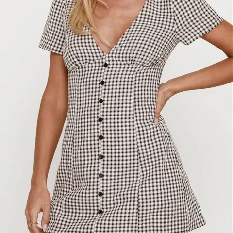 【Biack Friday】Women's Gingham Print Plaid Button Decor V Neck Dress, Casual Fashion Short Sleeve Dress for Daily Outdoor Wear, Ladies Clothes for Summer, Mini Dress, Summer Dresses