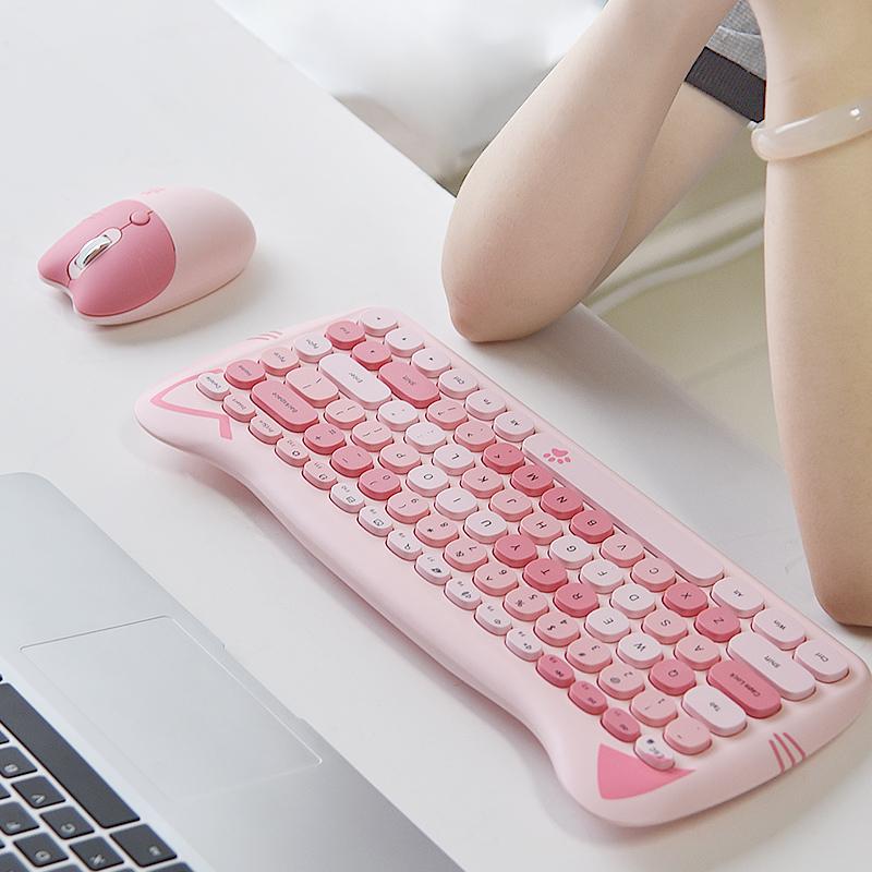 MOFii 1 Set Pink Cat Ear Wireless Keyboard and Mouse Combo, Cute Silent Office Keyboard Mouse, Universal for Laptop Desktop, US QWERTY (Battery Not Included)