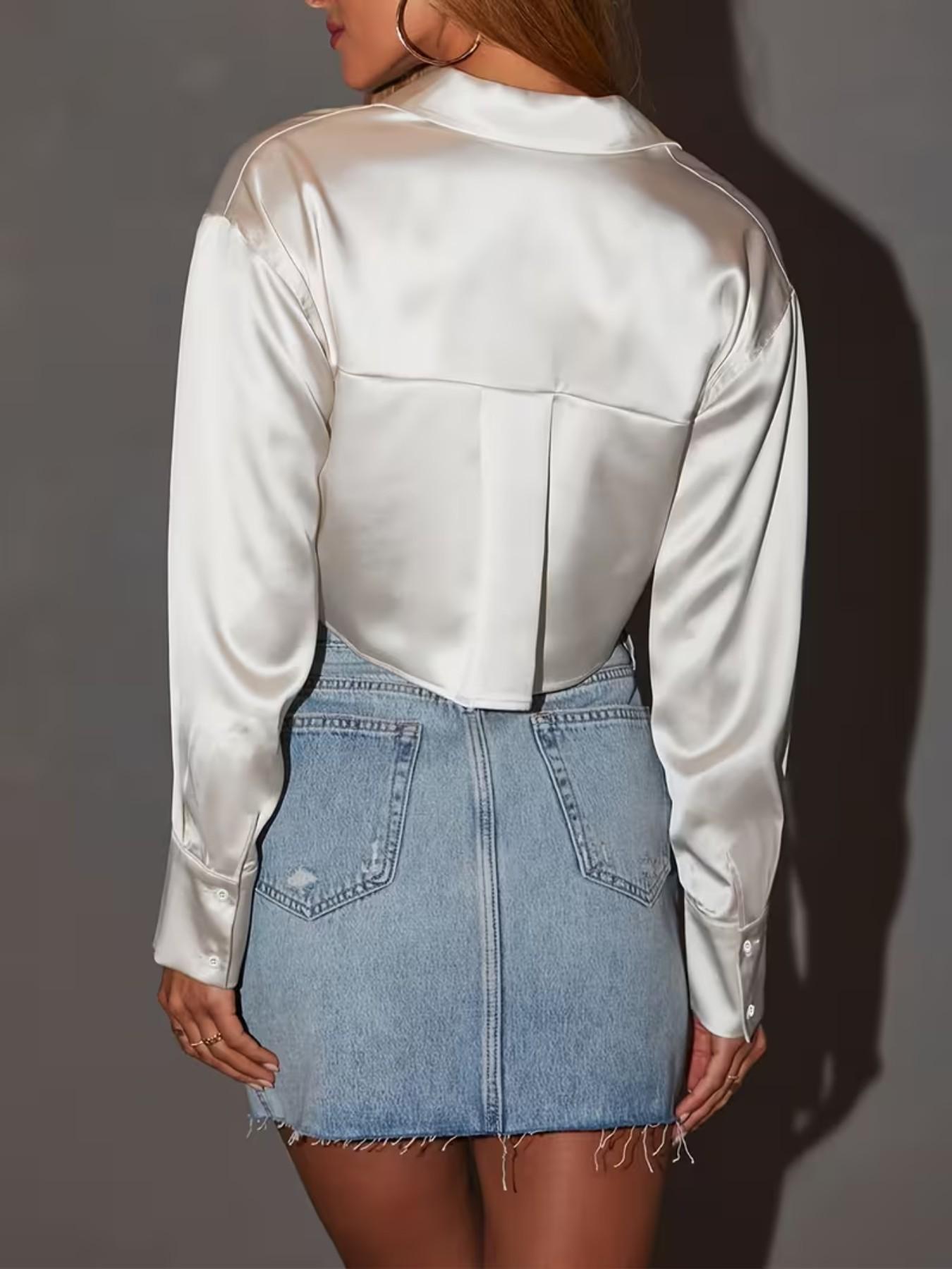 Women's Solid Color Long Sleeve Satin Top Shirt, Simple Fashion Short Blouse, Casual Wear, Perfect for Daily Use