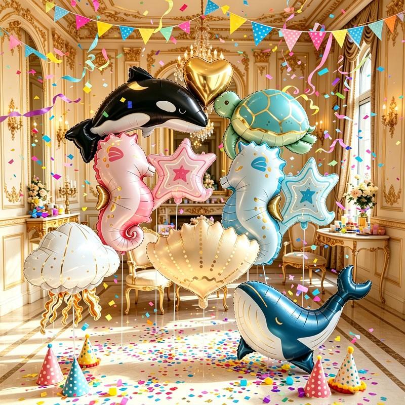 12-Piece Ocean Animal Aluminum Foil Balloons Set, Shell, Blue Whale, Jellyfish, Turtle, Seahorse, Orca, Heart Shape, Party Decorations