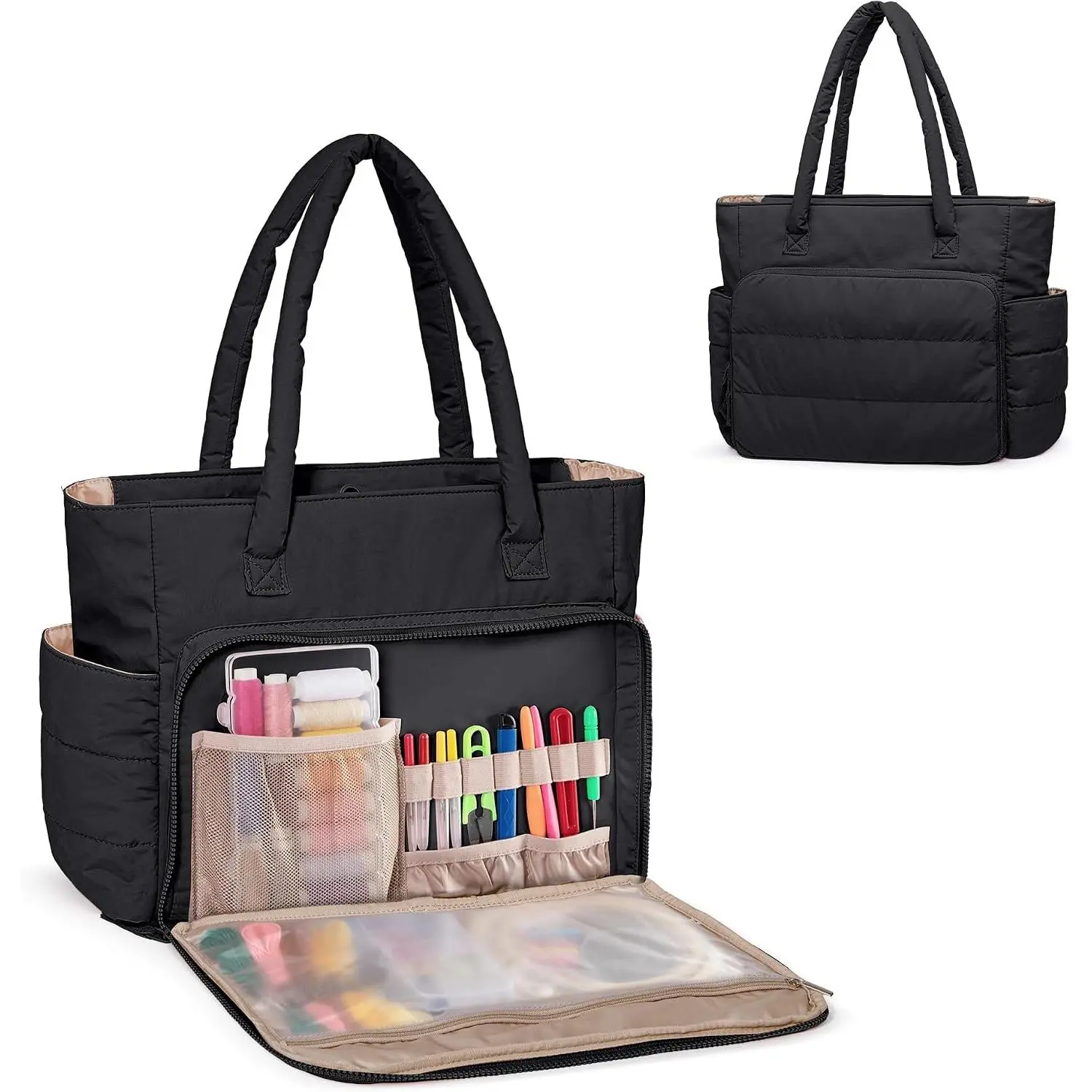 Puffy Embroidery Bag Organizer, Cross Stitch Bag, Black | Embroidery Project Bags with Multiple Pockets for Cross Stitch Kits
