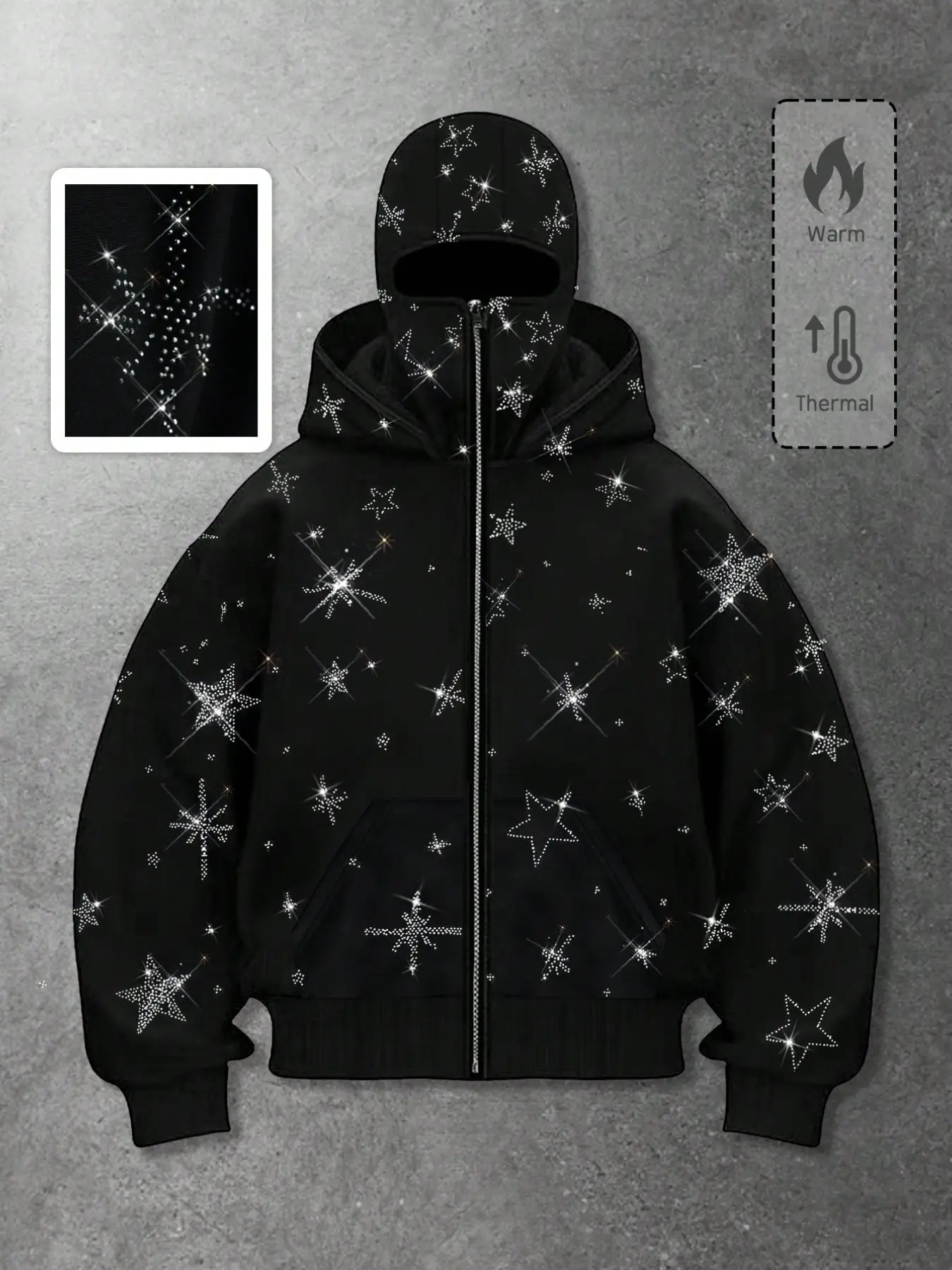 [Sold Out] Men's Black Zip-Up Hoodie with Rhinestone-Studded Star Mask; Unisex Y2K Streetwear Style – Oversized Fleece-Lined Hoodie Jacket with Rhinestone Star Pattern and Integrated Face Mask (Suitable for Men & Women)
