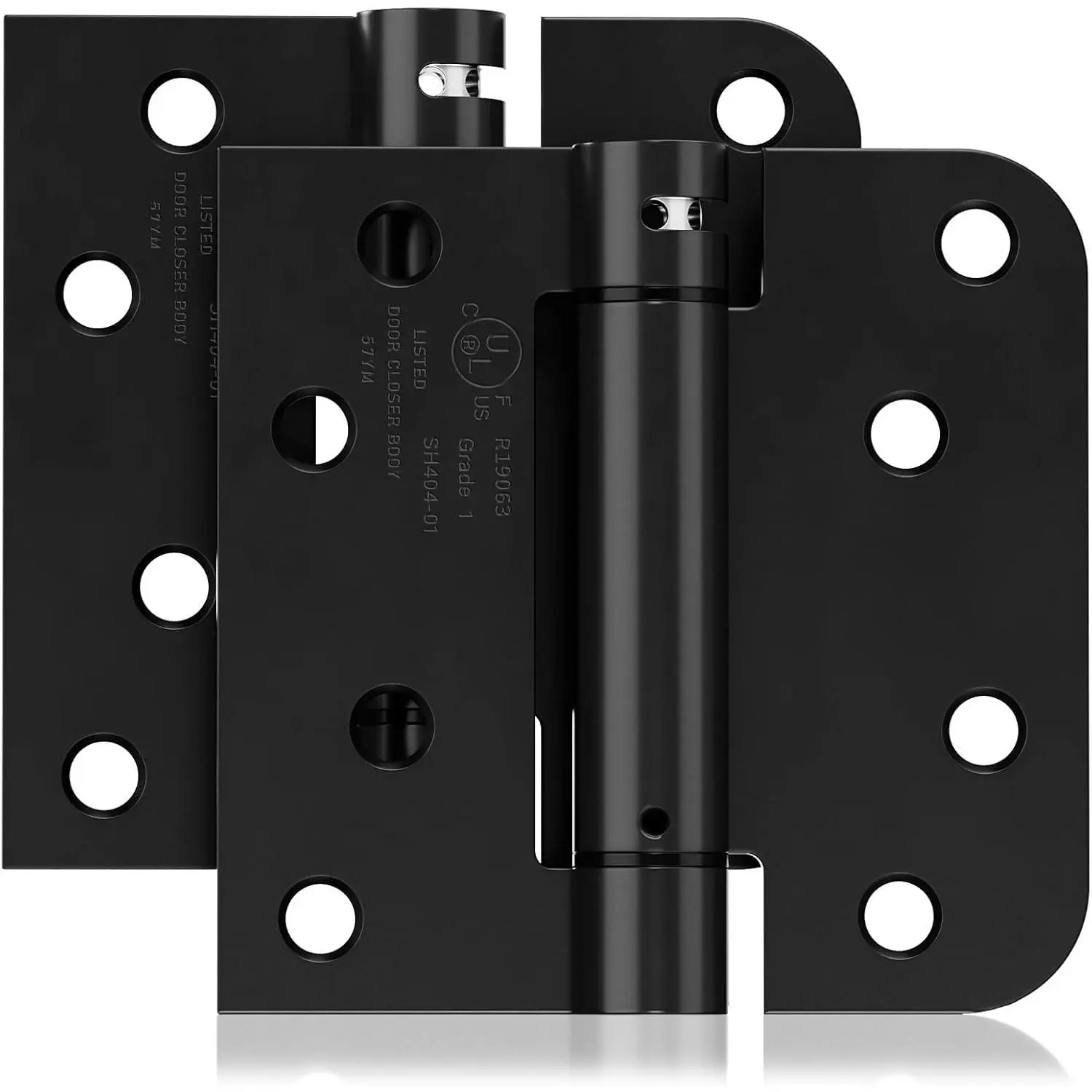 2 Pack Self Closing Door Hinges, 4 Inch Spring  Door Hinges for Garage, Front,  Door, Left/Right Hand, Adjustable Tension, Square & 5/8'' Radius Corners, UL Listed, Black