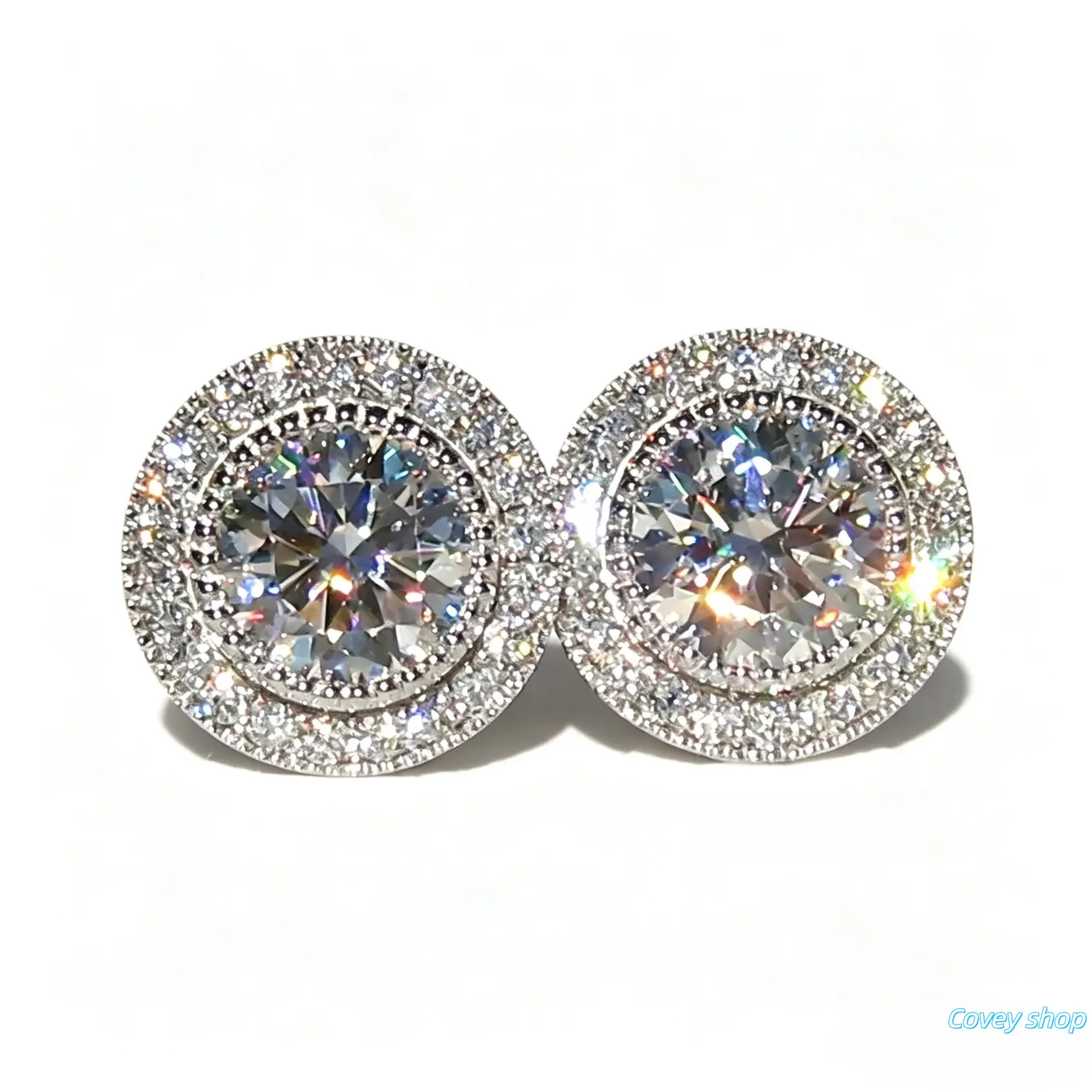 Double Halo Round Zircon Stud Earrings, Silver‑Tone Pave Setting Jewelry For Women, Sparkly Copper‑Based Accessories For Daily Outfit, Wedding Occasion And Anniversary Gifting