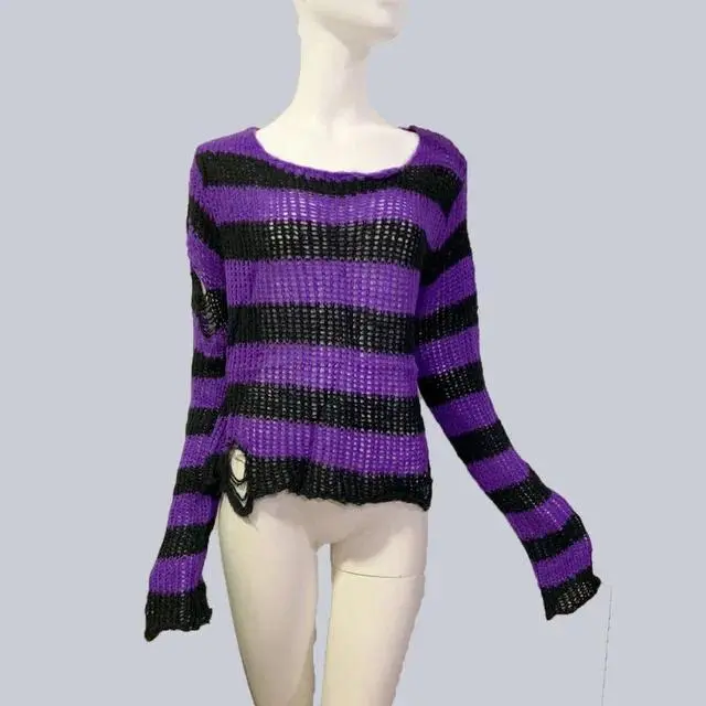 Karrcat Grunge Harajuku Striped Knit Sweater Women Y2K Streetwear Hole Broken Jumper Loose Purple Sweaters Punk Gothic Clothes