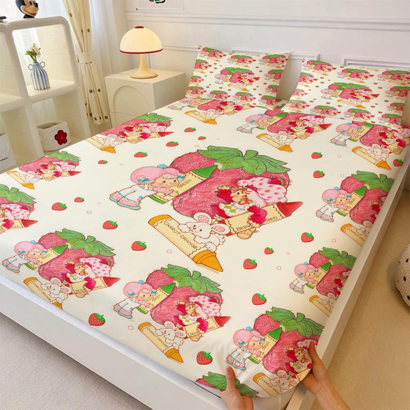 Strawberry Shortcake Fitted Sheet Set, 1 Fitted Sheet + 2 Pillowcases - 3 Pcs Soft Breathable Bedding with Deep Pocket, 360° All-Round Wrap, Wrinkle Resistant, Cute Strawberry Cartoon Bed Sheets for Girls Bedroom Decor, Full Size