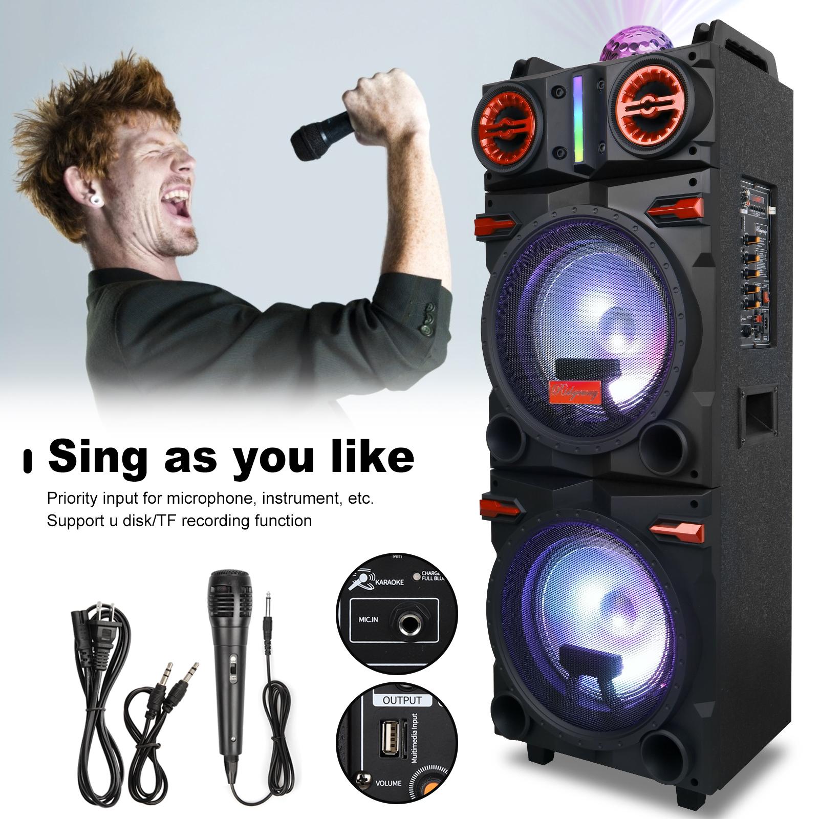 Portable Bluetooth PA Speaker Karaoke Machine 2 x 10" Subwoofer And 1 x 3" Tweeter Loud Party Speaker With Microphone FM LED Remote Control TWS
