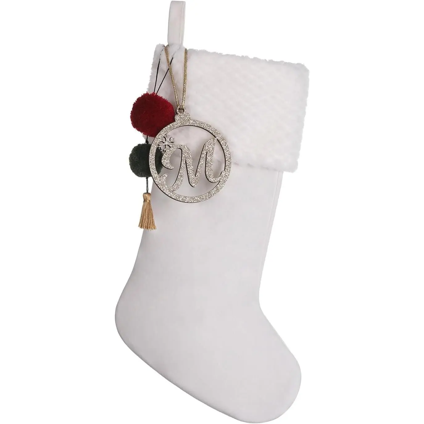 19.5-in Velvet Personalized Gold Wooden Initial Christmas Stocking with Pom-Poms - Indoor Holiday Decor for Fireplace, Party (White M)