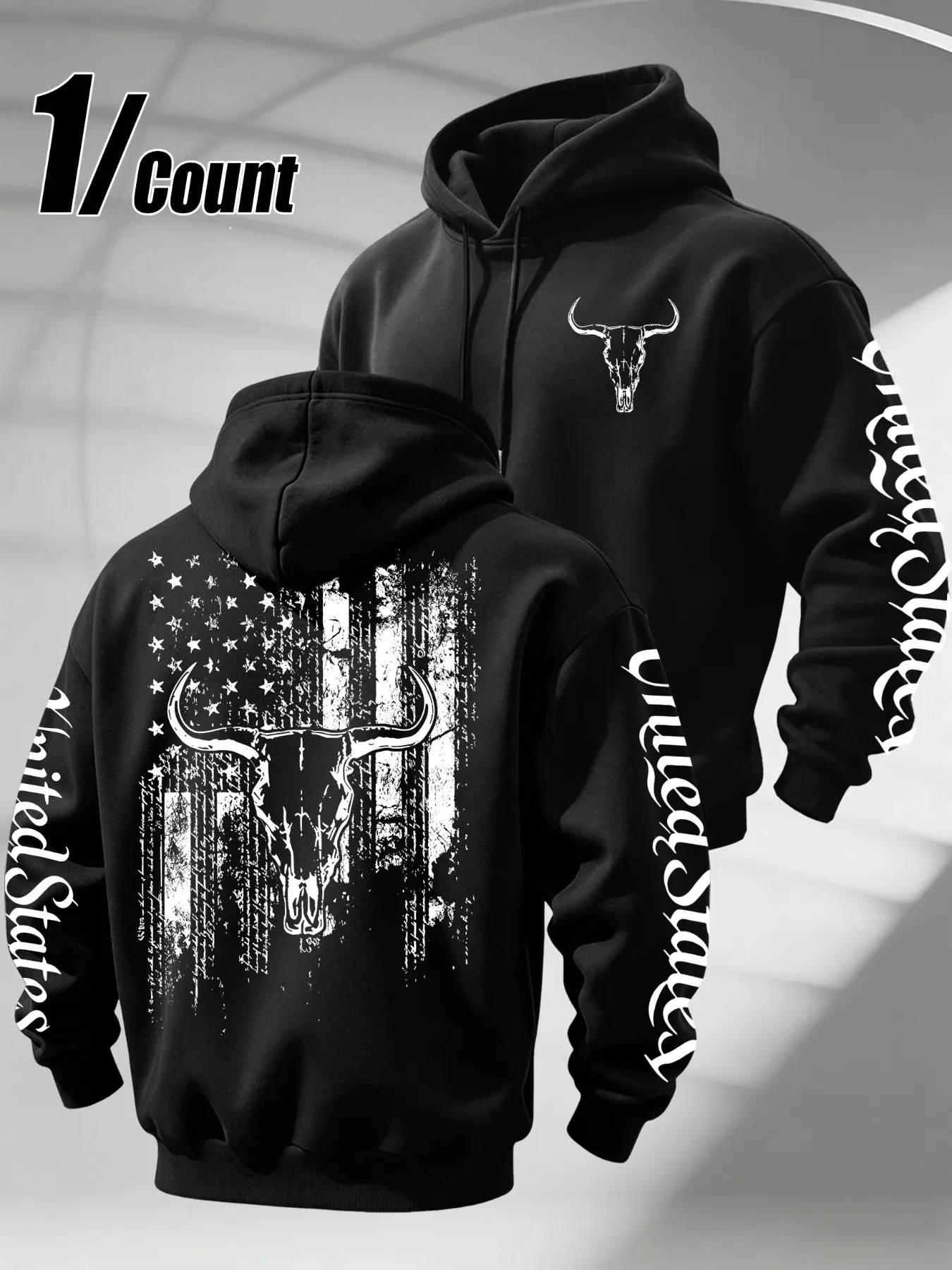 【Black Friday】Men Pullover Printed Hoodie Vintage Distressed Bull Skull Graphic Print Long Sleeve Hooded Sweatshirt Retro Western Street Style Casual Daily Wear Outerwear