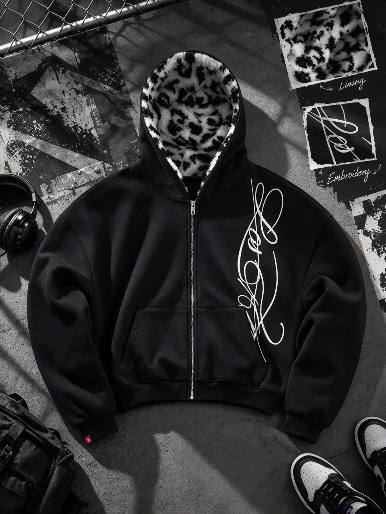 Men's Y2K Black White Leopard Print Hooded Zipper Crop Jacket, Street Style Loose Fit, Pocket Design, Fall Winter Warm Outerwear