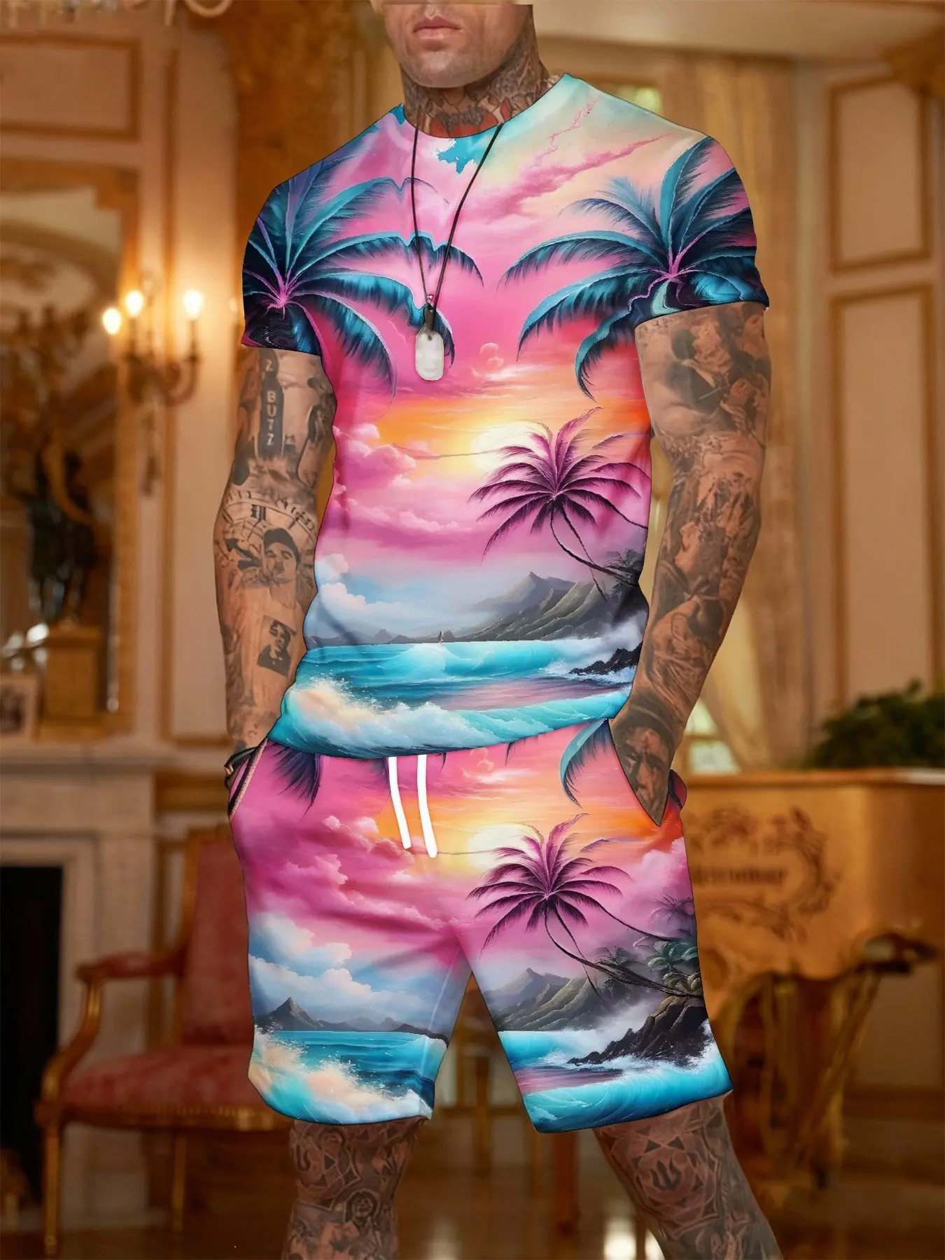 Men's 2-Piece Soft Sporty Beach Theme T-Shirt and Shorts Set, Casual Swimwear, Palm Tree/ Clouds/ Sunset/ocean/waterfall/mountains