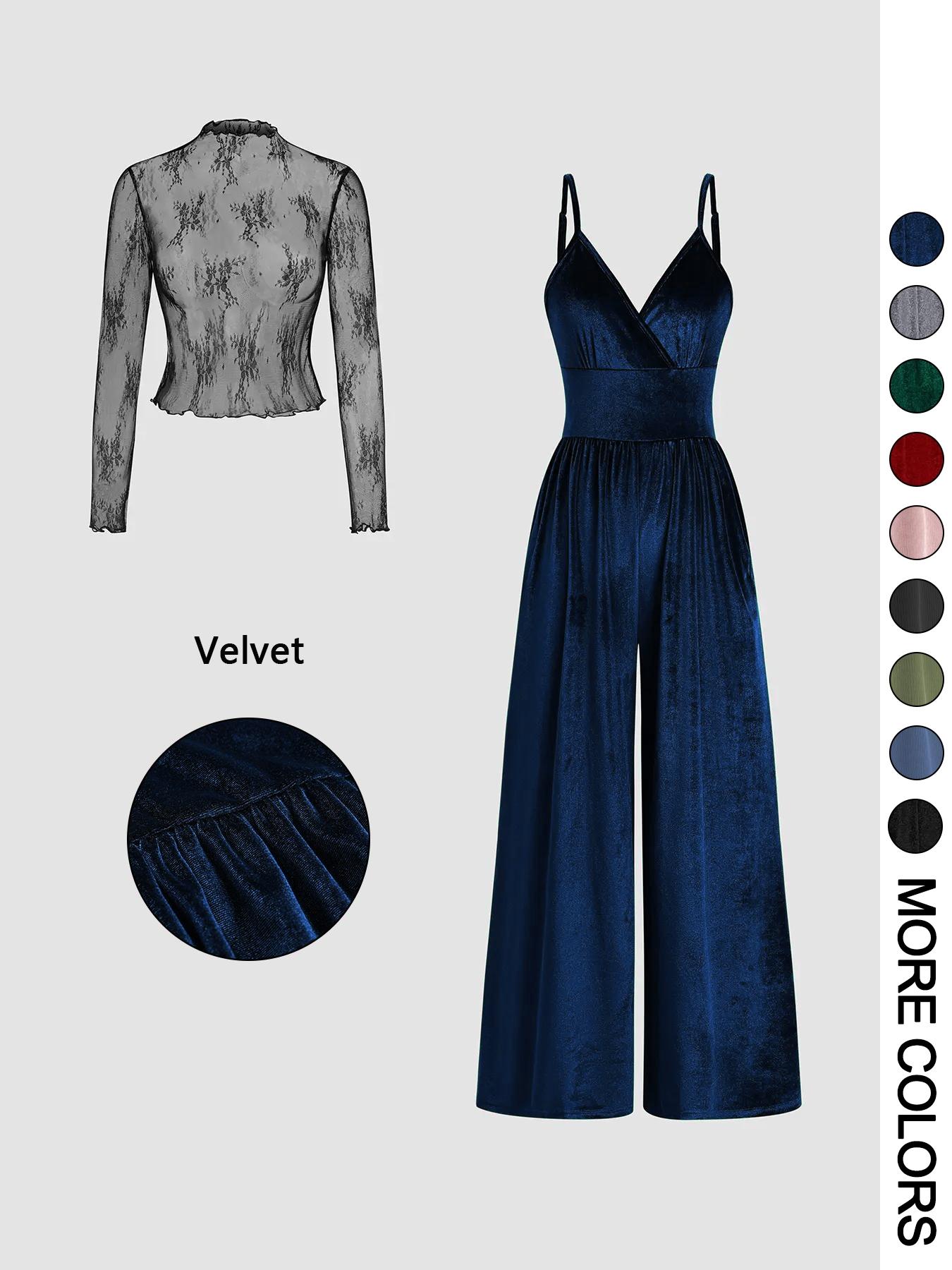 Valentine's Day Women's Solid Color Knitted Lace Tee & High Waist Pocket Jumpsuit Two-piece Set, Elegant Chic Fashion Casual Fitted Zipper Back Cami Jumpsuit & Long Sleeve Top for Daily Outdoor Wear, Women's Clothing for Spring & Fall Outfit