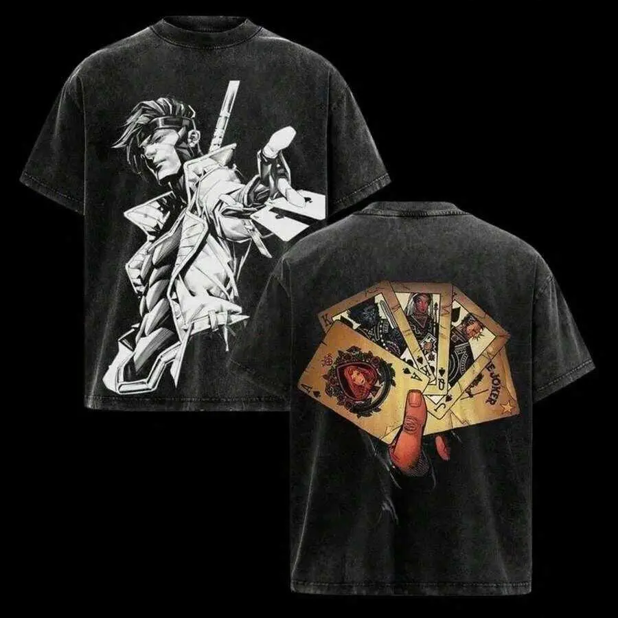 Vintage Black Washed Short Sleeve T-Shirt Unisex Gambit Superhero Front Drawing Back Aged Joker Playing Cards Crew Neck Tee Classic Comics Fan Oversized Breathable Streetwear Cotton Top