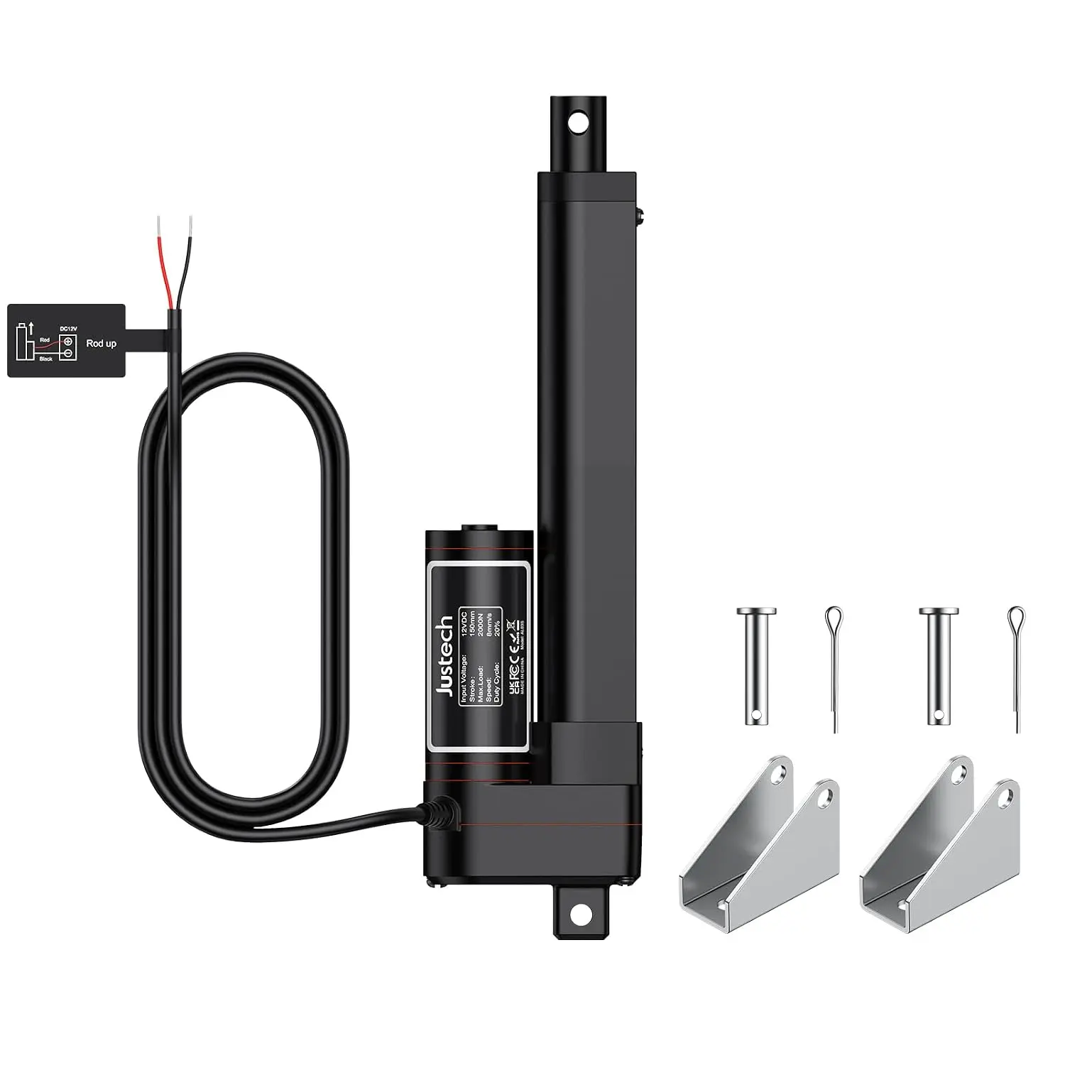Justech 12V Heavy Duty Linear Actuator - IP54 Rated, 450LBS/2000N Load Capacity, 6in/150mm Stroke, Black, for Industrial Automation, Solar Tracking