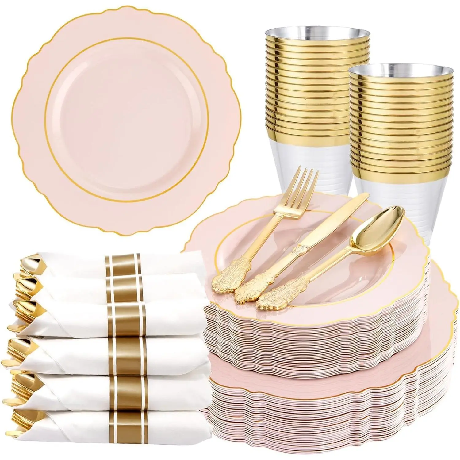 175PCS Pink Plates Disposable - Pink and Gold Plates 25guest Baroque Plastic Dinnerware include 50Plates, 25Pack Pre Rolled Napkins with Silverware 25Cups Perfect for Wedding & Party