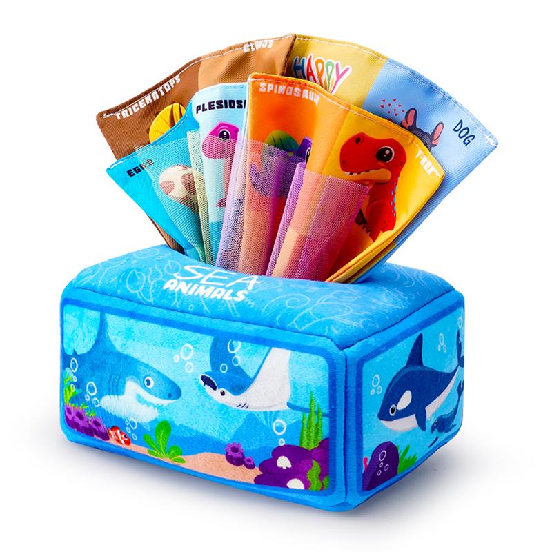 1count Baby Tissue Box - Montessori Infant Toys 5 Months Baby Tissue Box Learning Toy, Infant And Toddler Educational Toys With 3 Rattle Cloths And 10 Saran Wraps