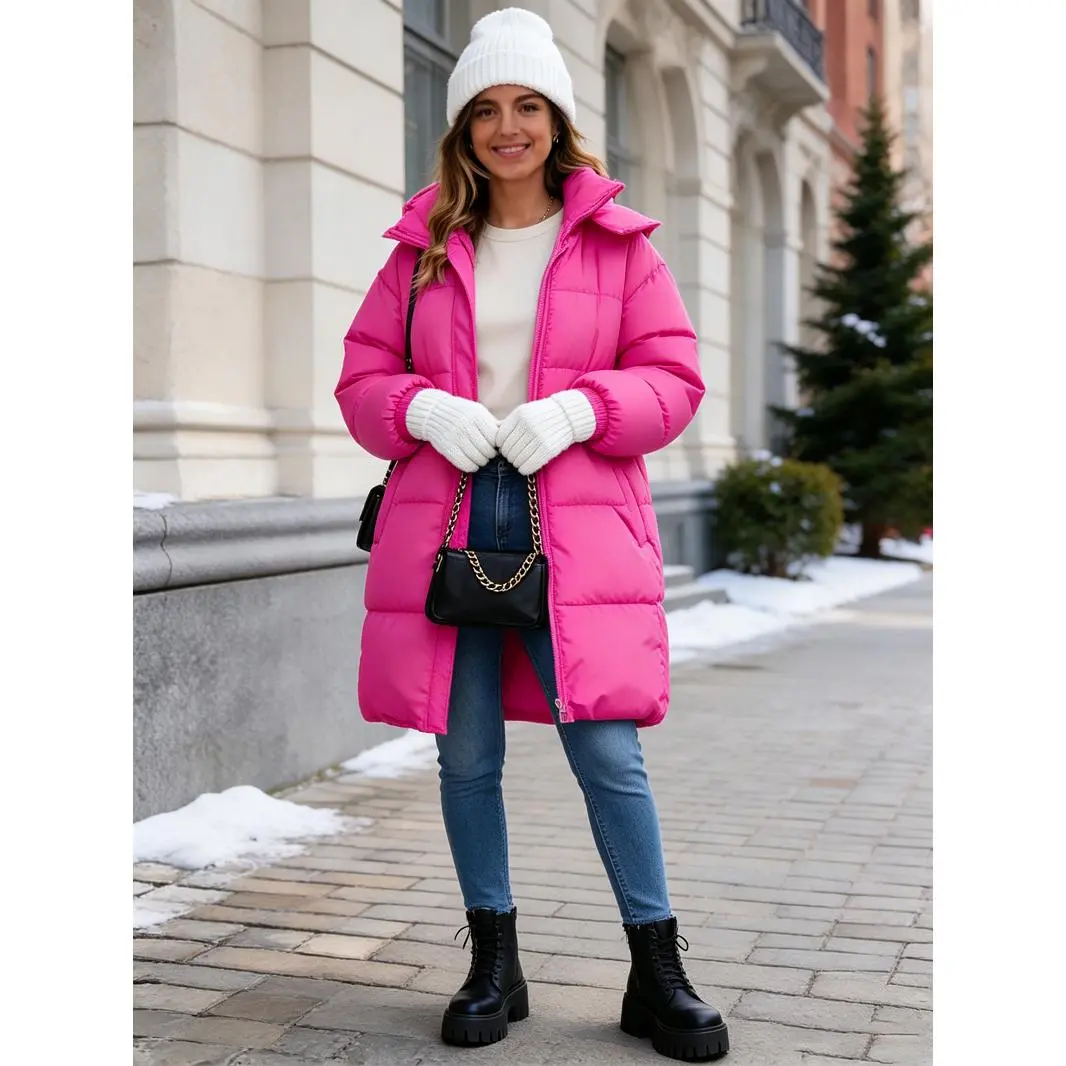VVZ Women's Pink Button Front Full Zip Up Coat Trendy Warm Raglan Sleeve Outerwear for Daily Wear Puffer Jacket Hooded Coat Essential Winter Clothing Piece Style Tops Twist