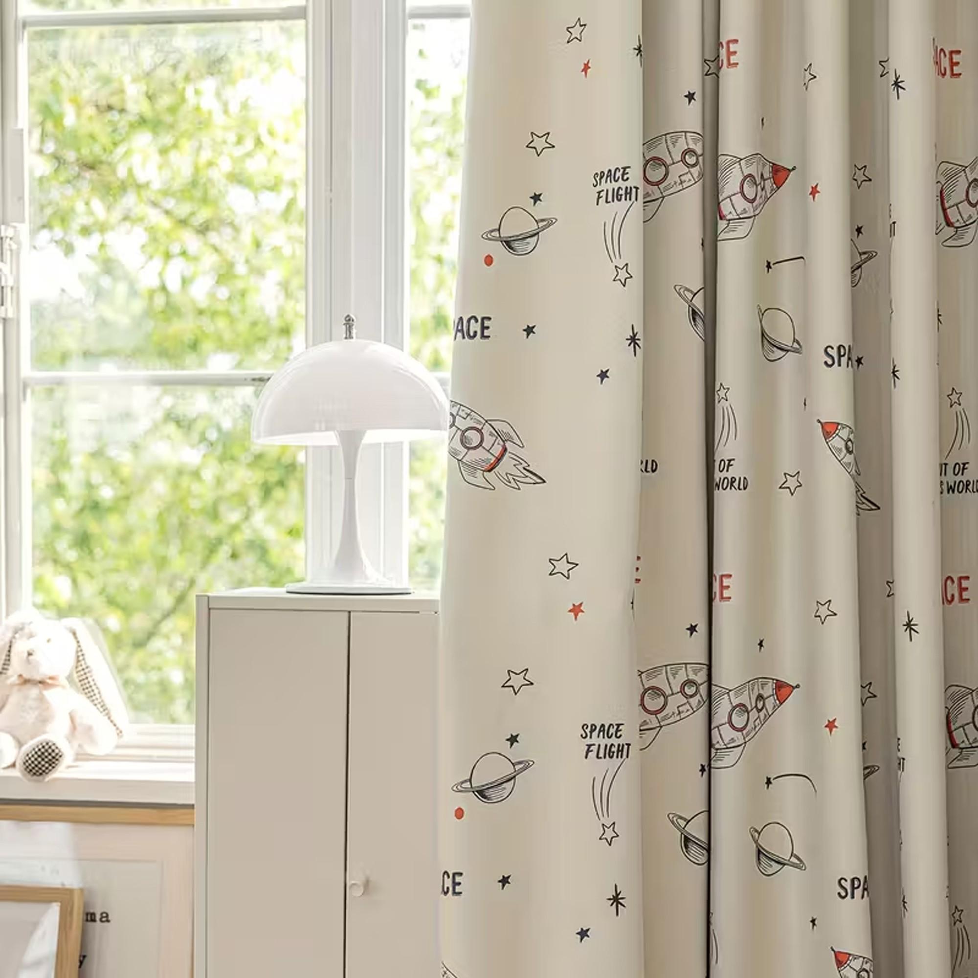 1pc Healing Space Cartoon Kids Curtain, Rocket Star Print, High Light Block, Cozy Atmosphere for Boy's Room Bedroom, Single Piece