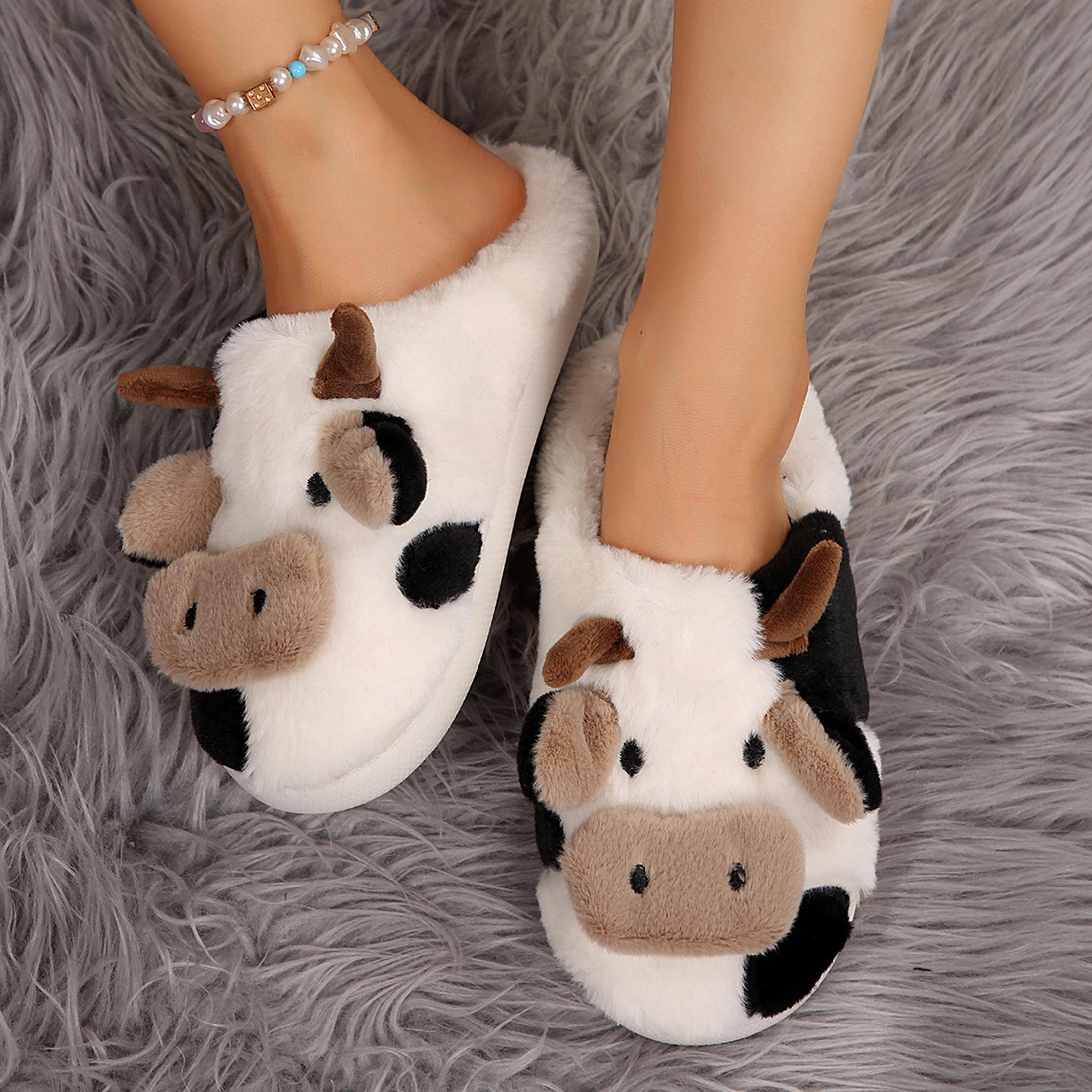Cartoon Cow Cotton Slippers, Winter Indoor Outdoor Slippers for Women