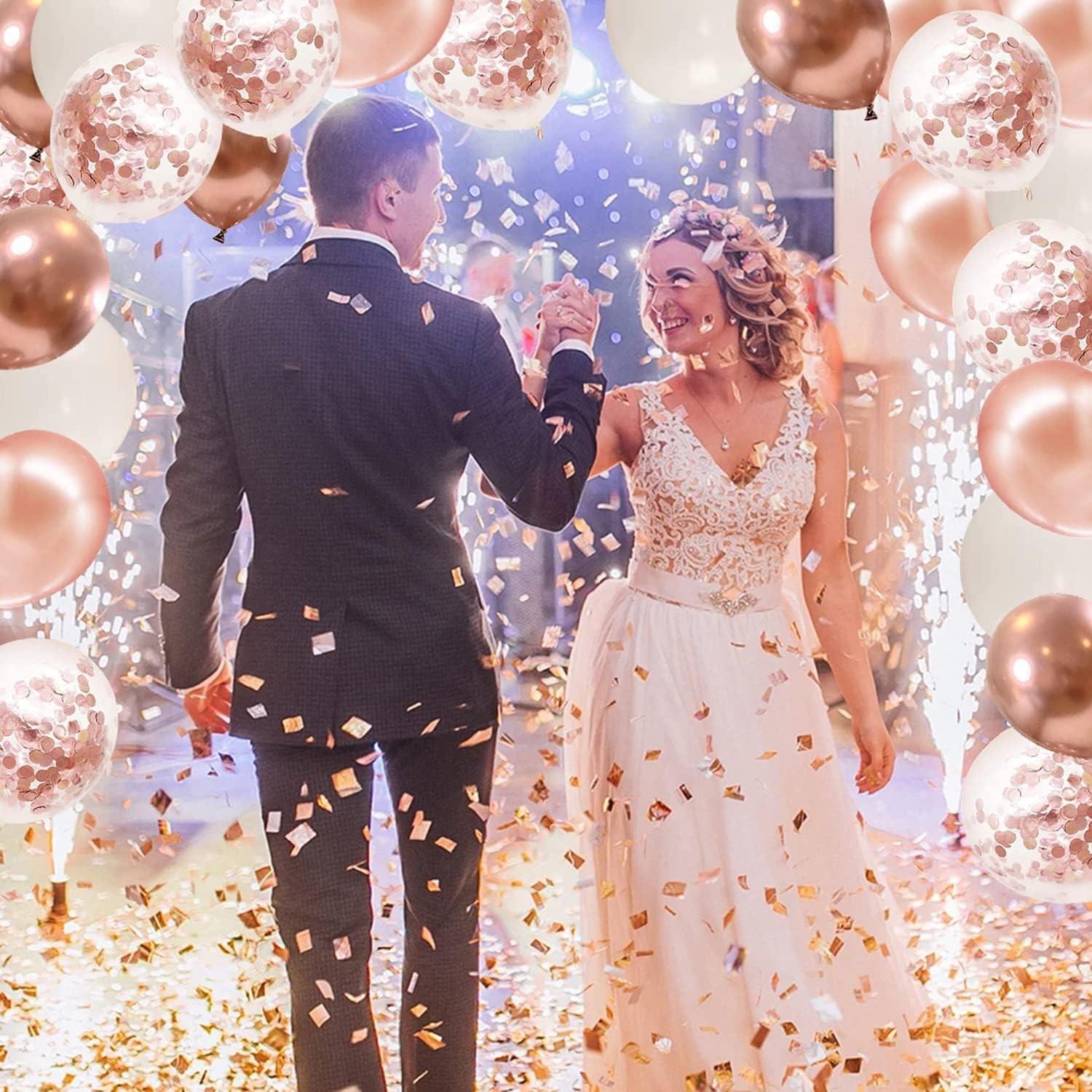 Rose gold colored paper balloons, 50 12 inch metallic rose gold and white latex balloons, paired with plain ribbons, suitable for bridal gatherings, sweet birthday parties, birthday celebrations, and wedding anniversary decorations