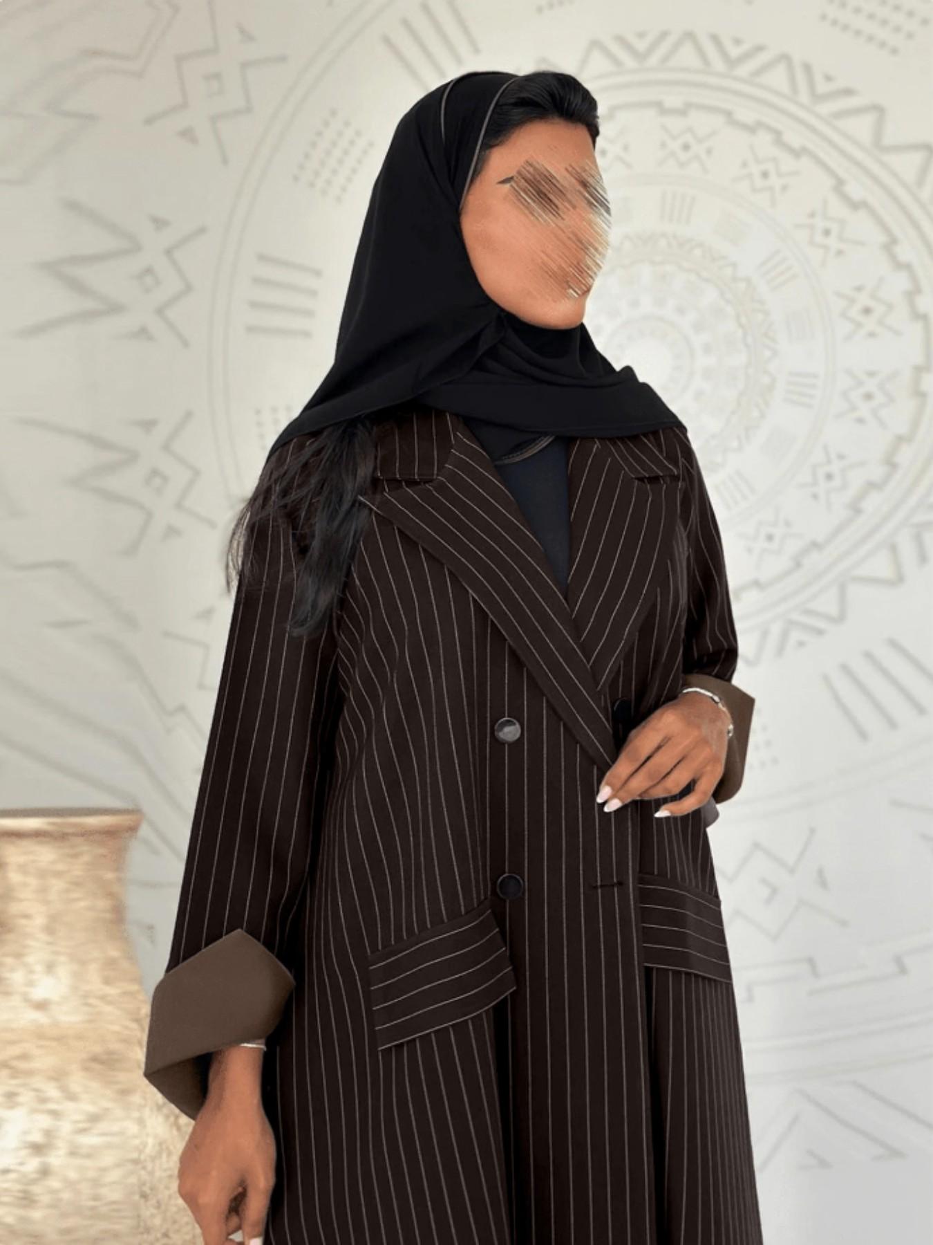 Abaya Striped Patchwork Double Button Pocket Long Coat, Stylish Suit Jacket, Elegant Outerwear for Women, Fashionable Windbreaker, Stripe Pattern Jacket