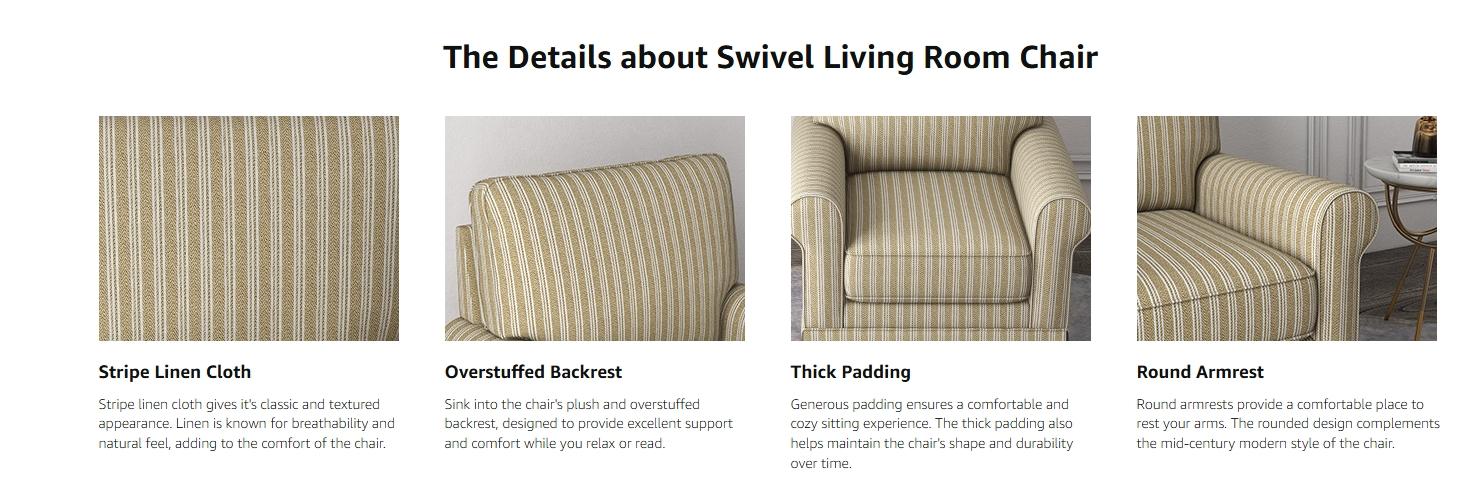 [SpringStatements] Ebello Swivel High Back  Linen Mid Century Modern Accent Chair – Wood Frame, Upholstered Seat with Waist Cushion – Elegant & Durable for Any Room，Fully Assembled, Brown Stripe