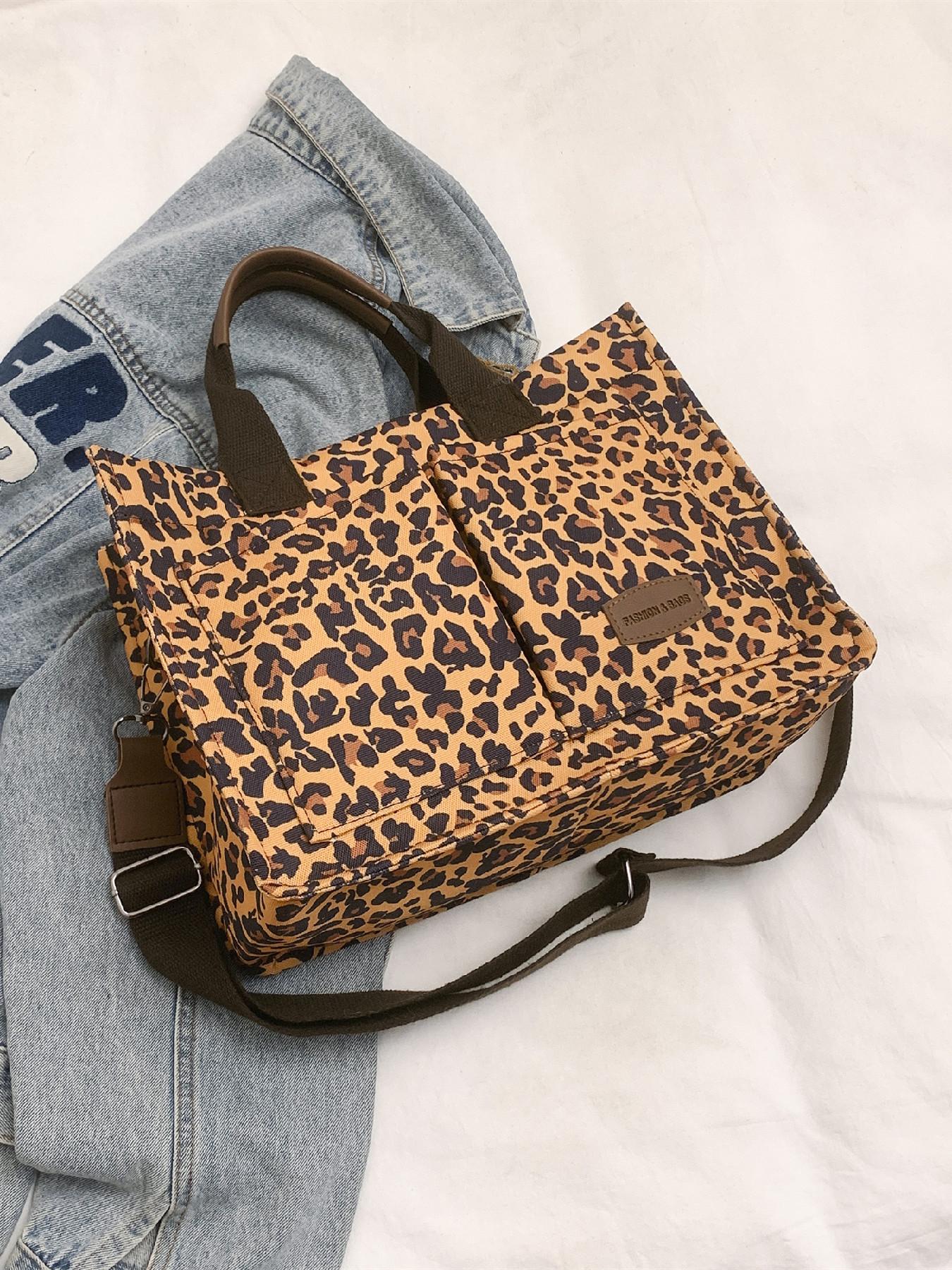 Fashion Leopard Pattern Adjustable Tote Bag, Casual Letters Patched Decor Shoulder Bag for Women, Trendy All-match Commuter Bag, Handbag Shoulder Bag