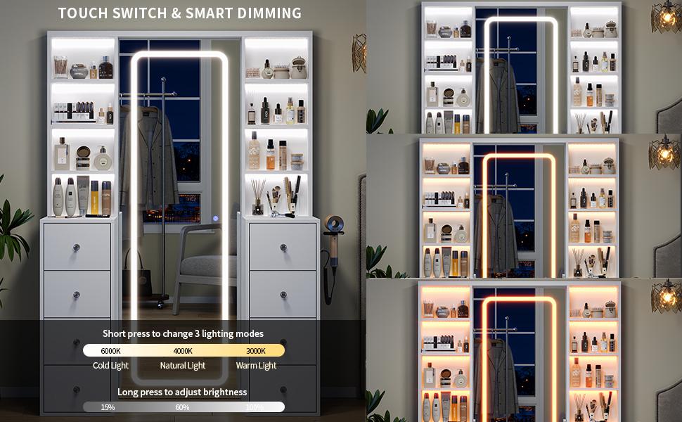 FUSOU Vanity Desk with Full Length LED Mirror, Tall Makeup Vanity with Power Outlet, 3 Color Modes, Brightness Adjustable, 8 Drawers with Shelves Vanity Table for Bedroom