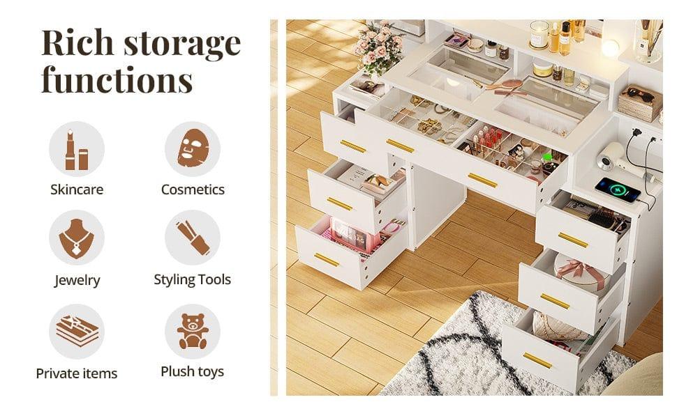 Sikaic Makeup Vanity with Mirror and Lights, 10x Magnifying Mirror & Power Outlets, Glass Top Vanity Desk Furniture Table