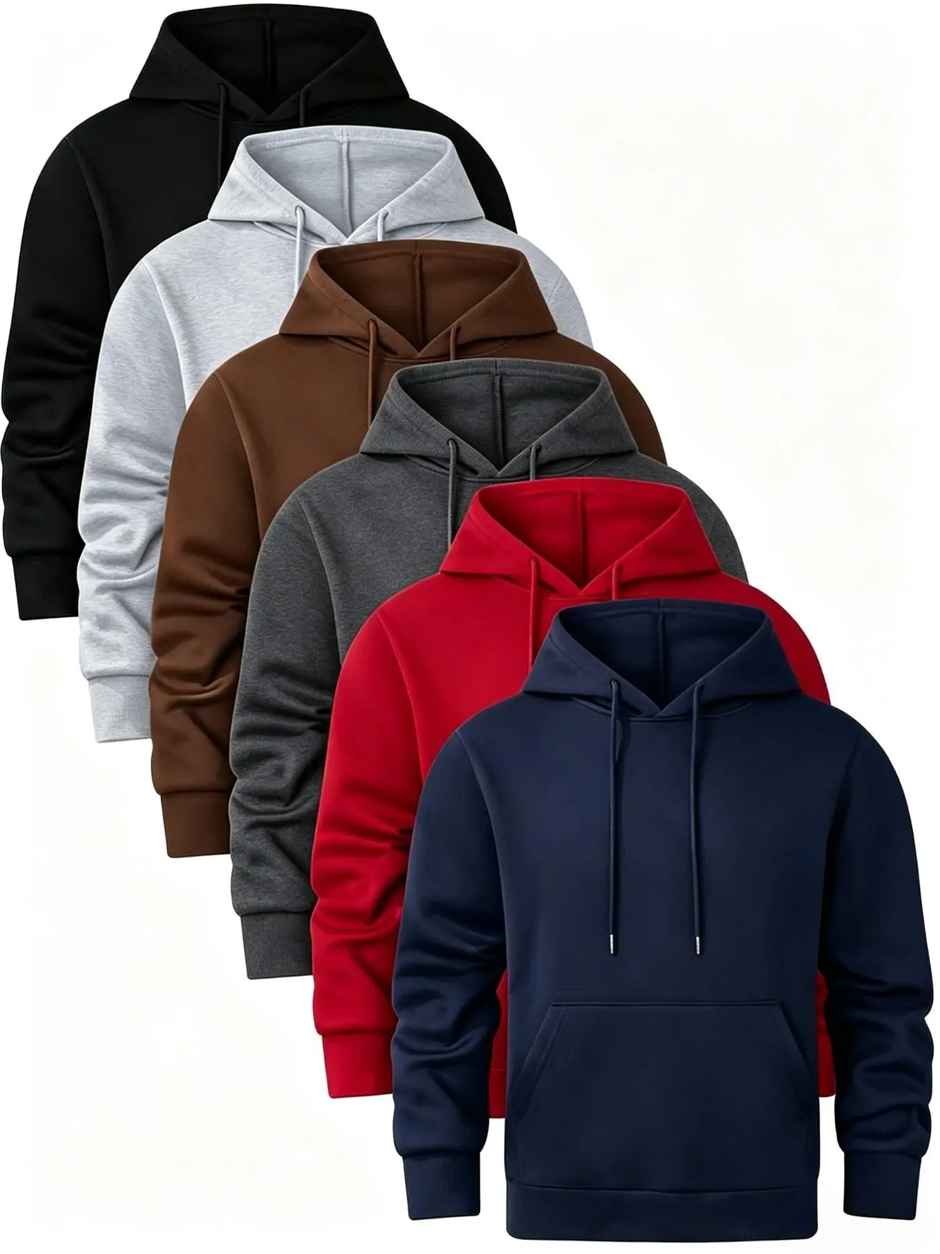 6-Pack Men's Long Sleeve Hooded Sweatshirts, 100% Polyester, Drawstring, Kangaroo Pocket, Adjustable Hood, Ribbed Hem, Casual Style
