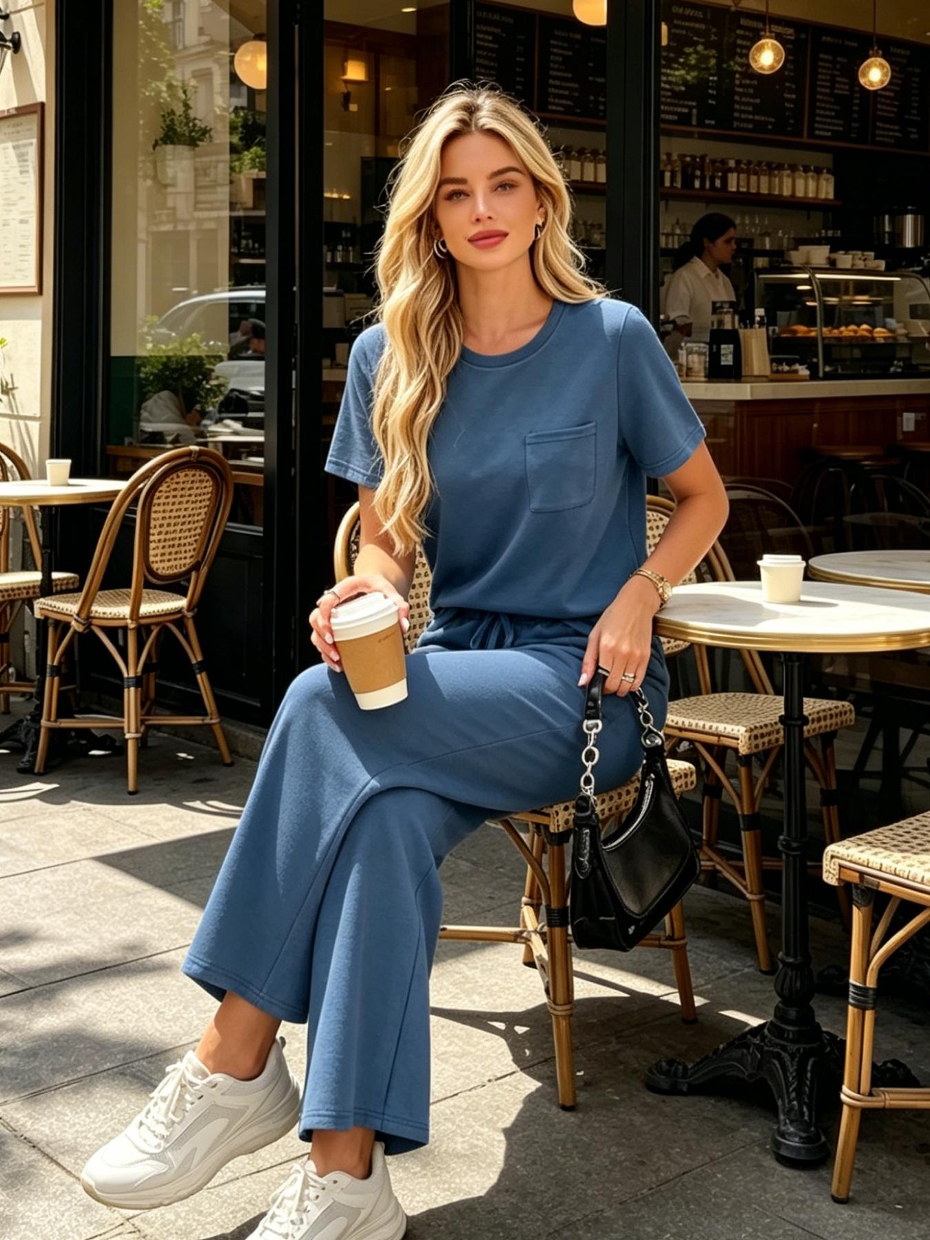 Women's Fashion Womenswear Solid Color Casual Round Neck Pocket T-Shirt + Drawstring Wide Leg Pants Set Loose Fit Slimming Wide Leg Pants Two-Piece Set Suitable for Summer Commuting to Work Shopping Outings Indoor and Outdoor Wear