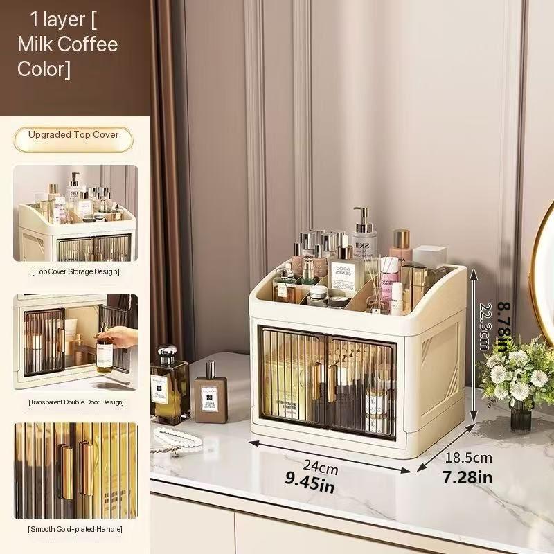 Foldable Cross-Border New Cosmetic Storage Cabinet, Multi-Layer Dual-Door Skincare Office Stationery Dustproof Organizer Box, Makeup Cosmetic Organizer, Cosmetics Organizer Storage, Beauty Supplies Organizer