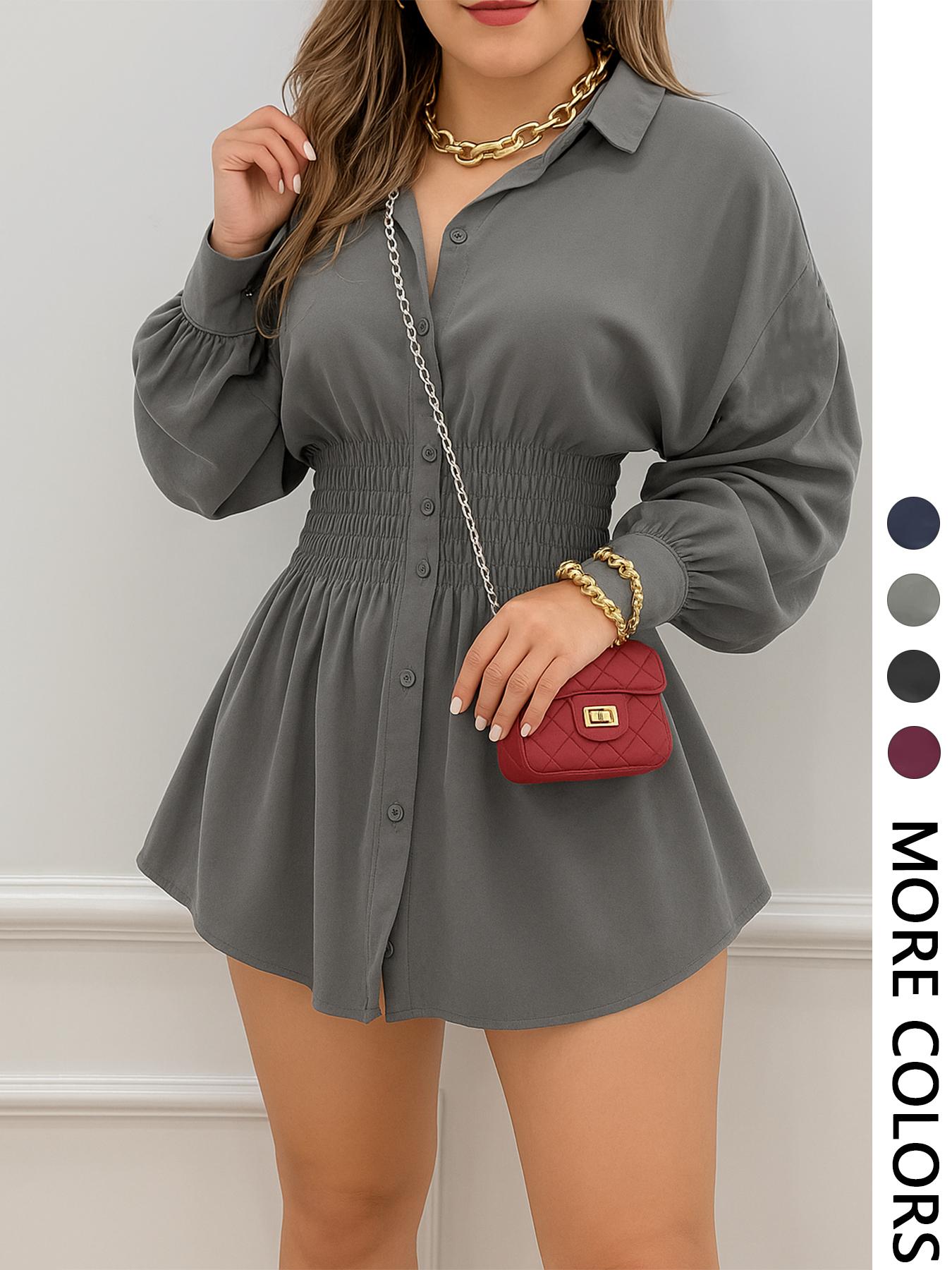 Women's Fashion Trendy Solid Color Pleated Waist Long Sleeve Dress, Casual Fitted Style, All Seasons Wear, Plain Pattern