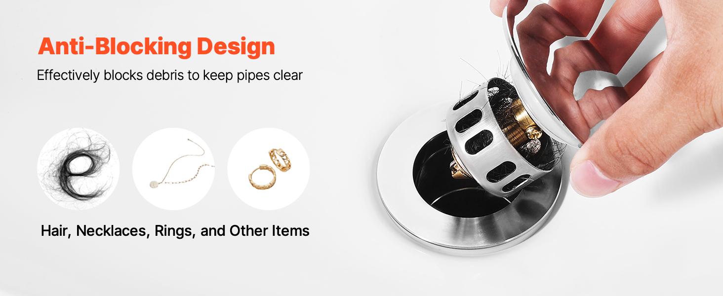 VEVOR Bathroom Sink Drain Without Overflow, Brass and 304 Stainless Steel Pop Up Drains, Anti-Clogging Vessel Drain Strainer, All Metal Hair Catcher Drains Stopper, for Sinks Without Overflow Holes
