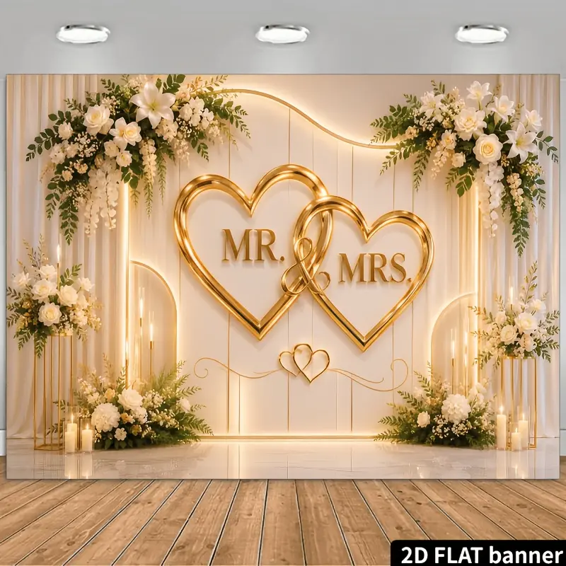 1pc 2D Flat Romantic Wedding Heart Flower Arch Festive Backdrop Banner, Polyester Fabric with Overlapping Golden Hearts, "MR & MRS" Lettering, White Florals & Candelabra Print, No Power Needed, Photo Background for Weddings & Engagements, Heart Flower Arc