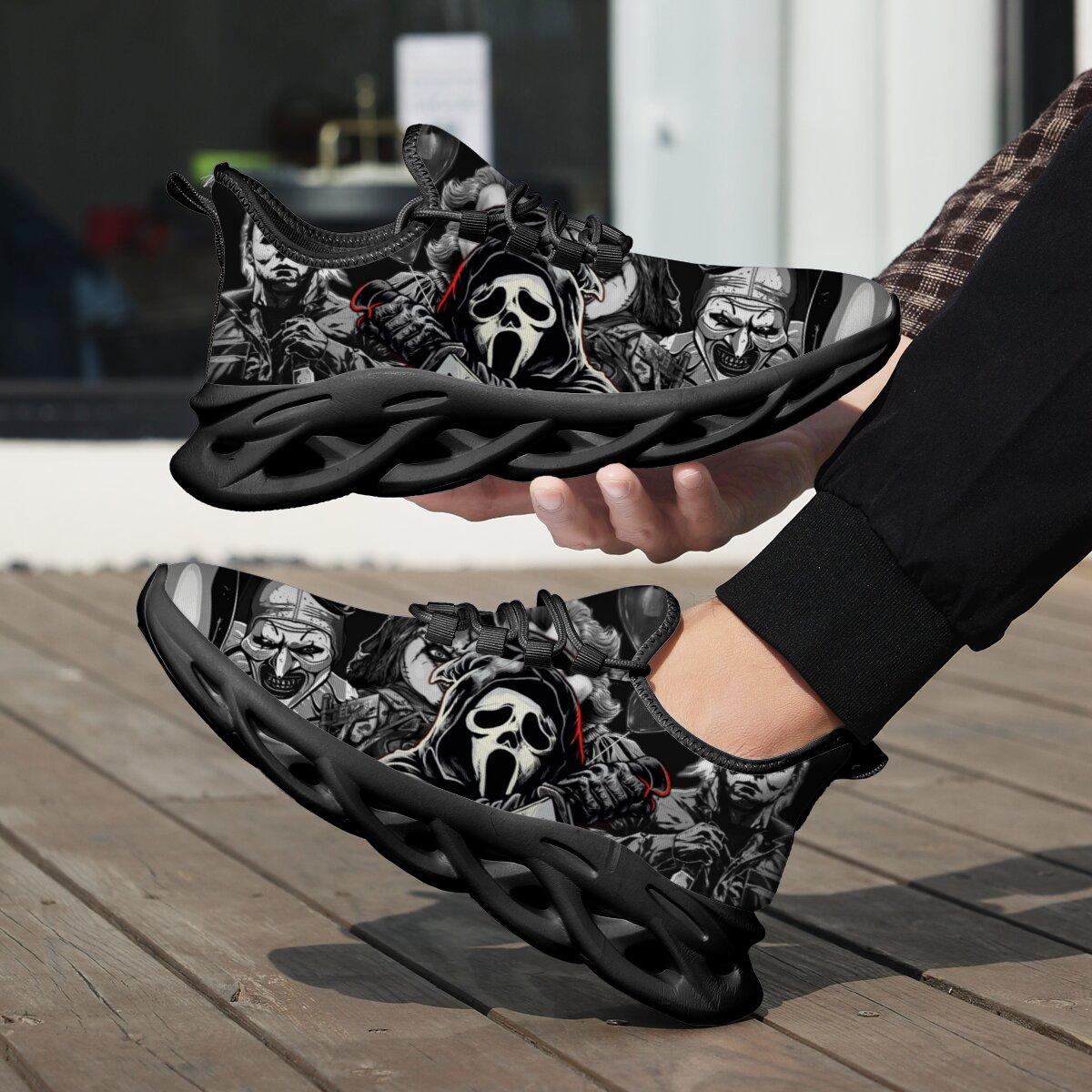 Halloween Dark Horror Mask Character Art Blade Sneakers Man Woman Hollow Wave Cushion Sole Mesh Running Shoes Monochrome Thriller Figure Collage Print Gothic Halloween Punk Casual Athletic Trainers For Men Women