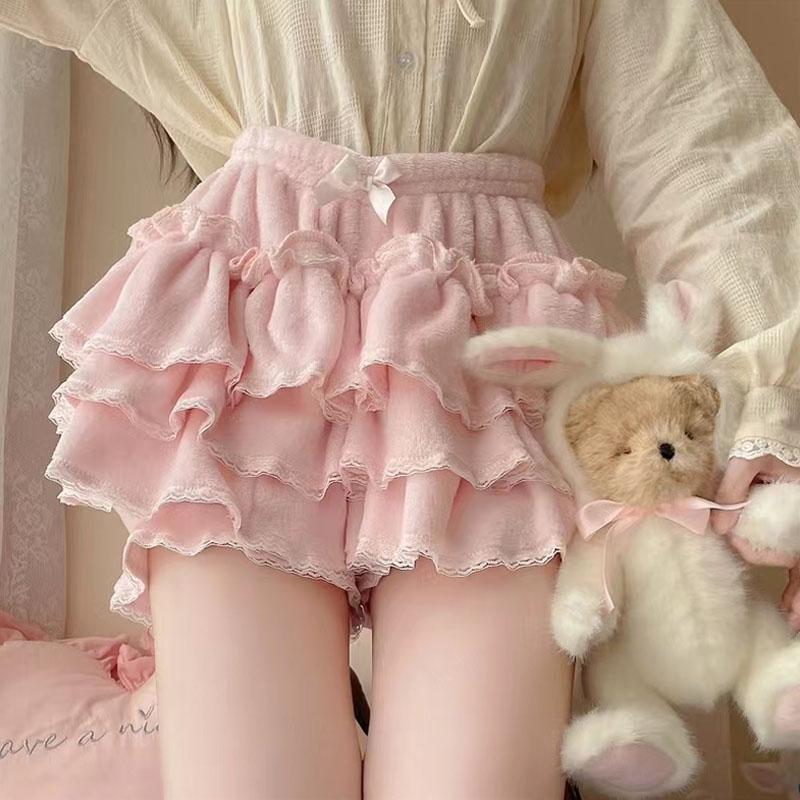 Autumn Winter Warm Lolita Safety Short Pants Women Sweet Chic Plush Bloomers Japanese Y2k Lace Bow Knickers Harajuku Cute Shorts