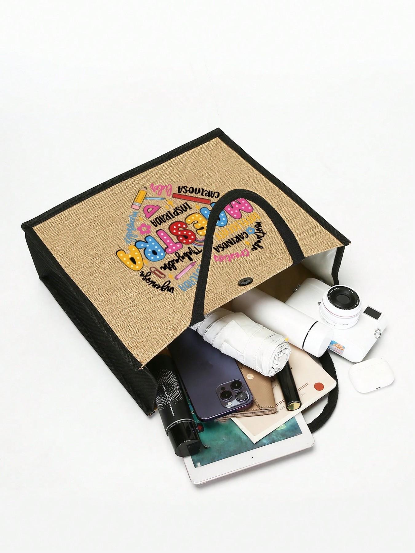 Maestra Theme Tote Bag and Makeup Pouch Set, Large Capacity Linen Shopping Bag, Heart Pattern, Cosmetic Organizer, Casual All-Season Style