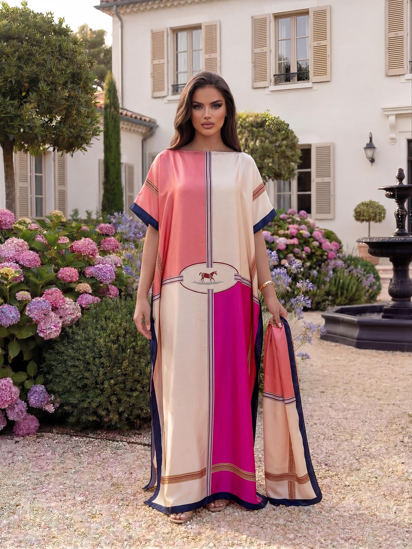 Women's Luxury Equestrian Style Silk Robe Set, Long Cape Dress + Scarf Headband, Beach Outdoor Sun Protection, All Seasons Chic Fashion