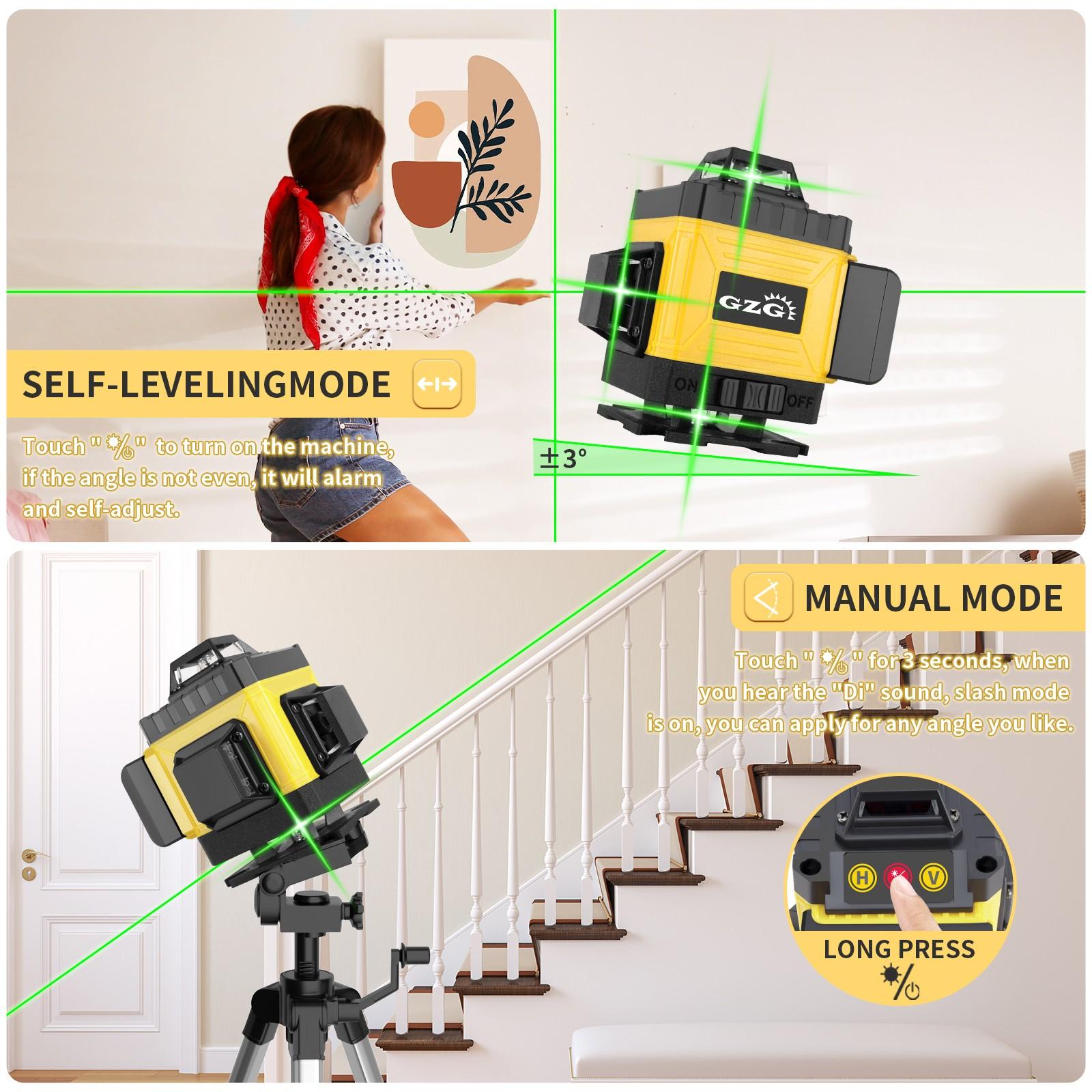 GZG 4D 16 Lines Laser Level, Auto-leveling Laser, Automatic Laser Level, Self-Leveling 360 Laser Level with Remote Control, Professional Laser Level Tool