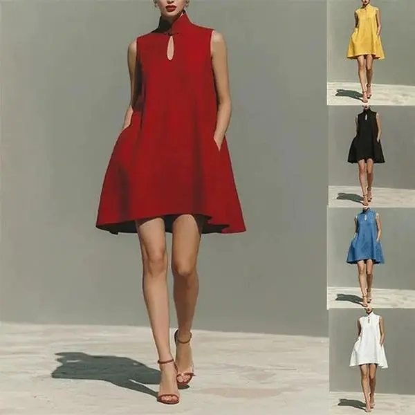 Women’s Sleeveless Mock Neck A-Line Mini Swing Dress with Keyhole & Pockets - Comfortable Basic Everyday Dress for Party, Work Pairing with Cardigan, Blazer