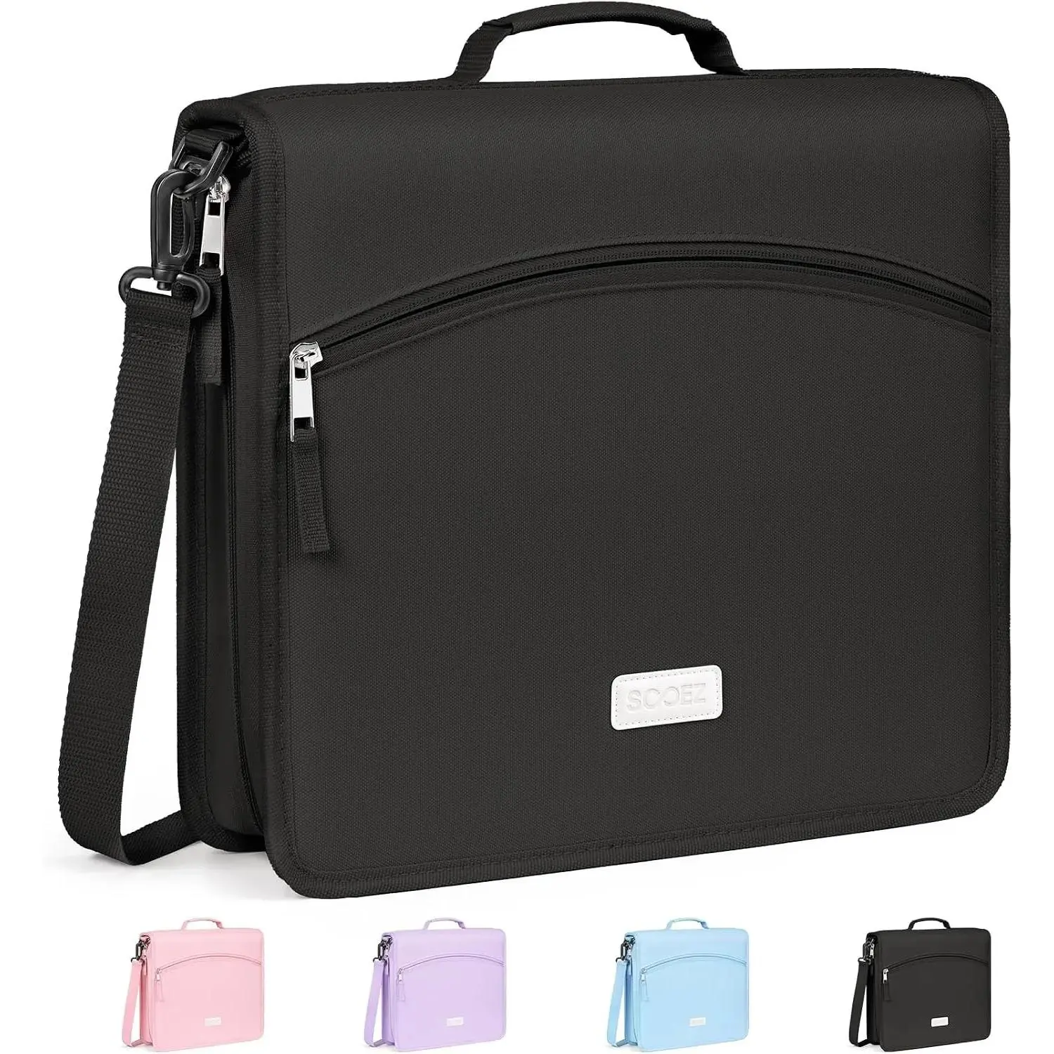 Portable 2-Inch 3-Ring Fabric Zipper Binder Bag with Organizer Storage, Shoulder Strap, Handle, 600-Sheet Capacity, 5-Tab Accordion File, Multi-Pocket Organizer for Middle School Supplies, Black, Portable Binders